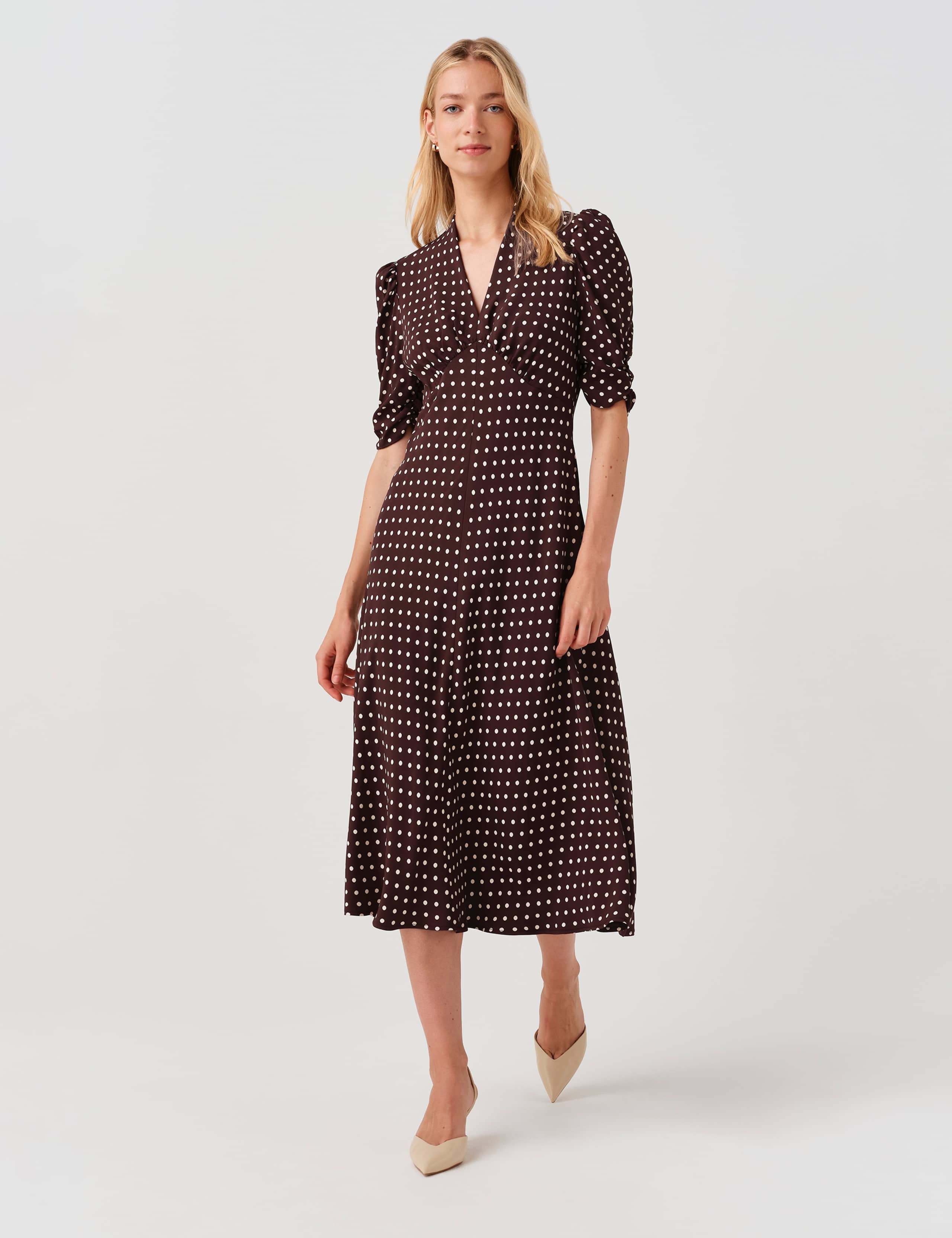 Polka Dot V-Neck Midi Tea Dress