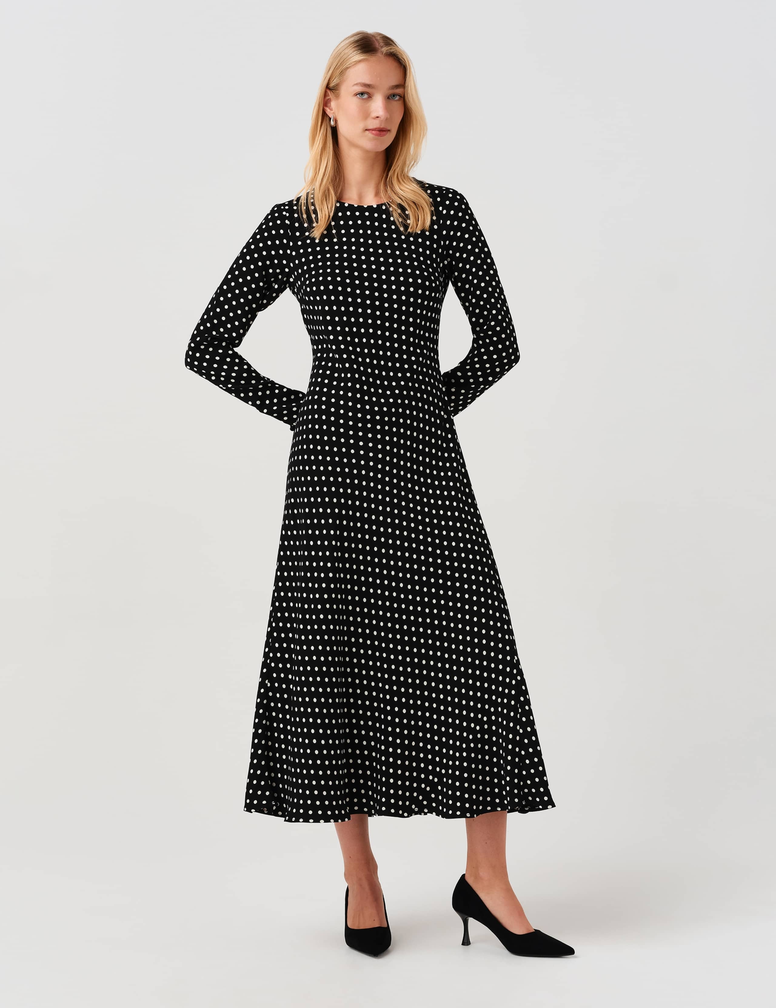 Polka Dot Round Neck Midi Waisted Dress