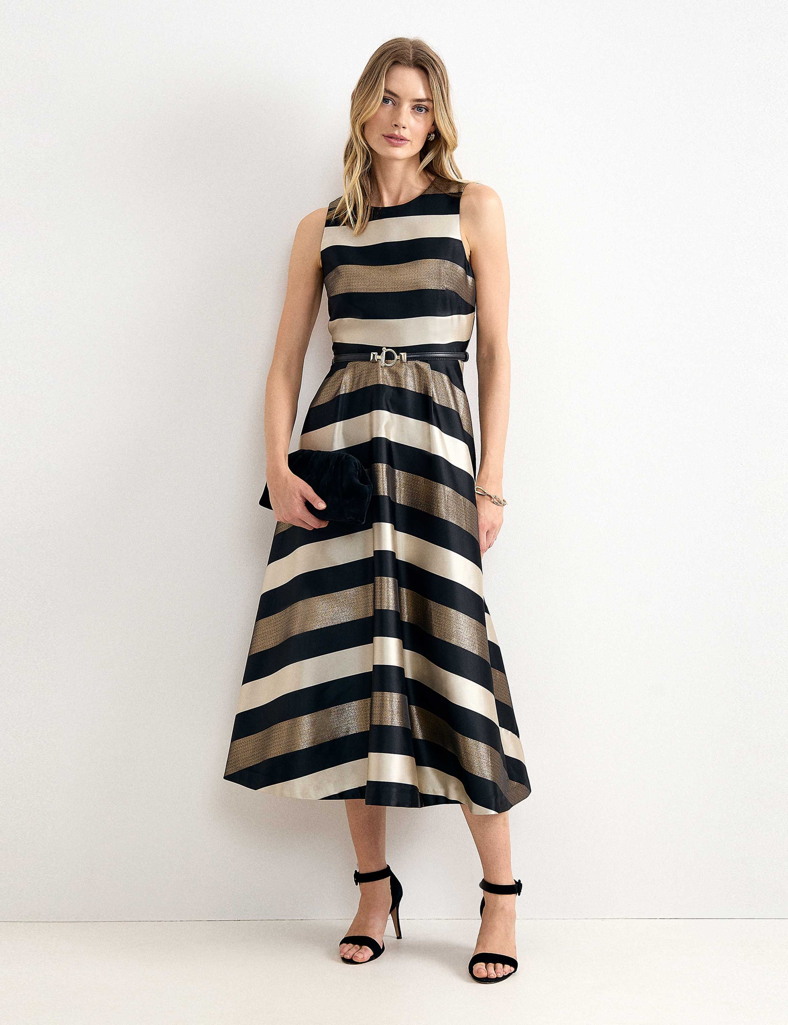 Satin Striped Square Neck Midi Skater Dress
