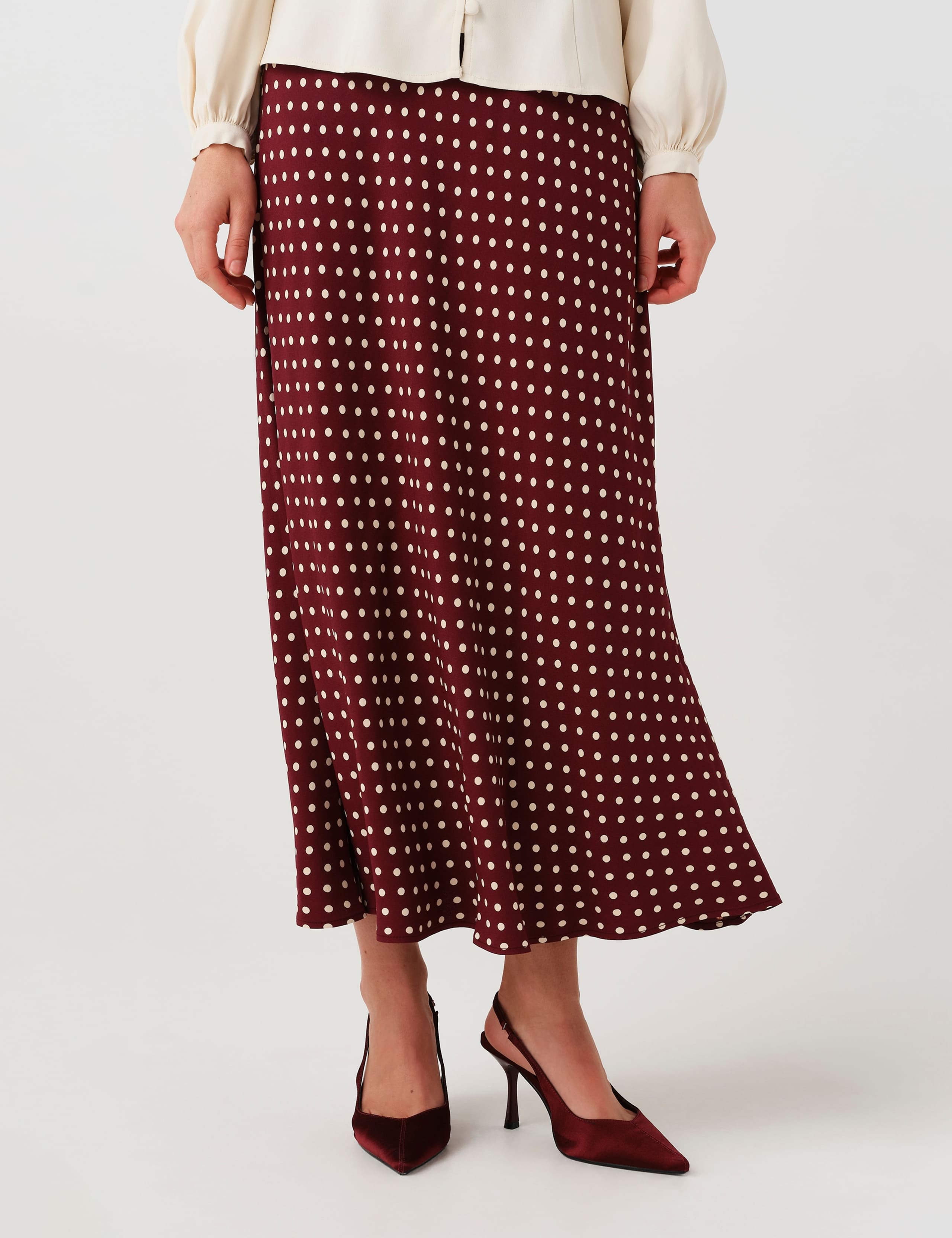 Satin Spot Print Midi Slip Skirt