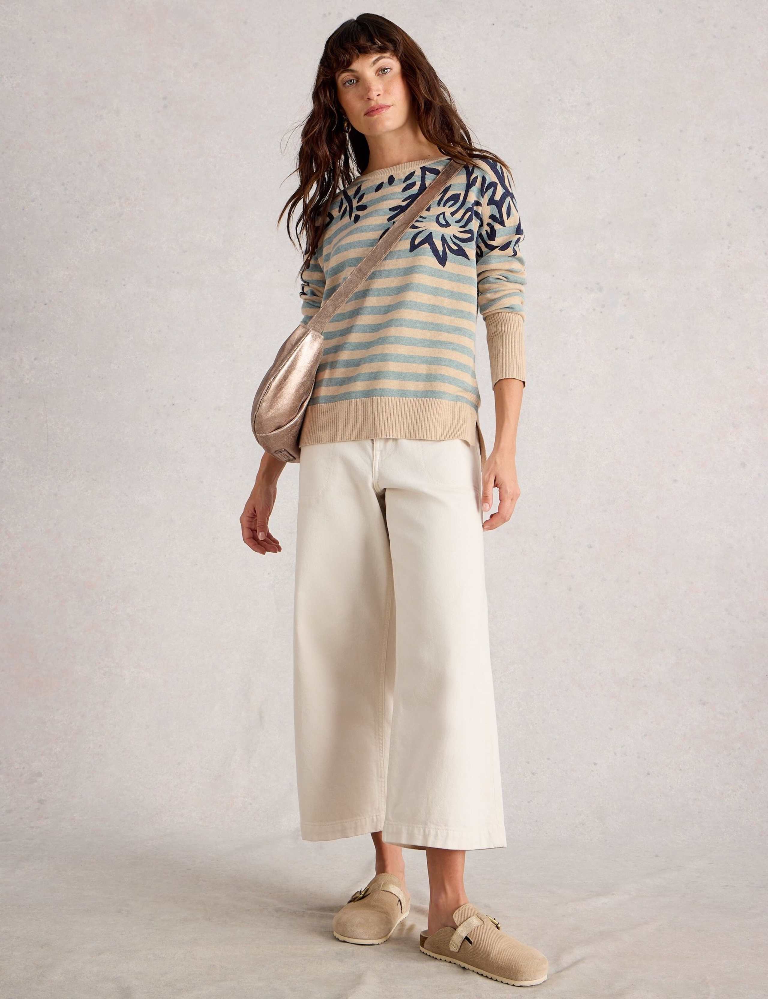 Cotton Blend Striped Floral Print Jumper