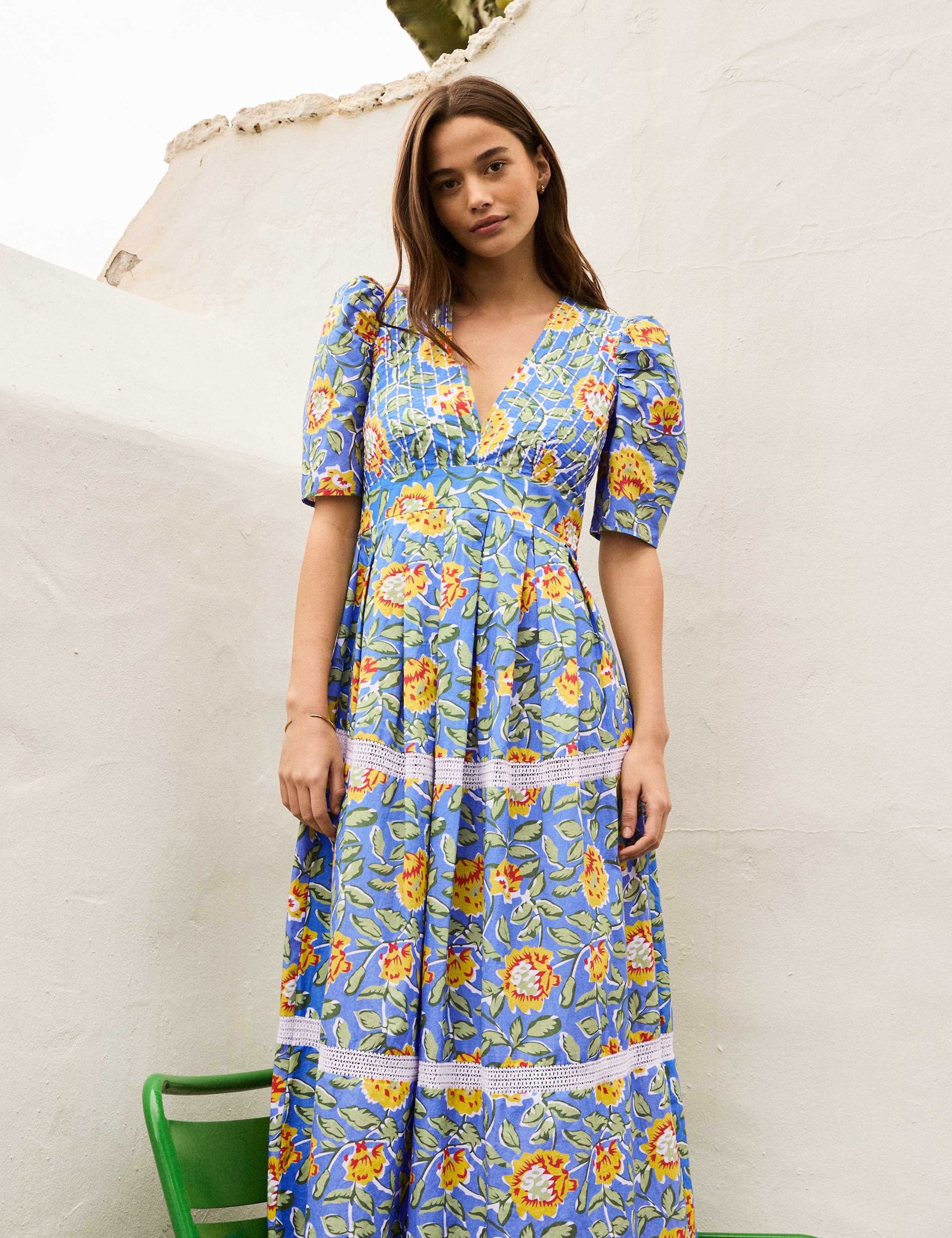 Pure Cotton Floral V-Neck Midaxi Dress