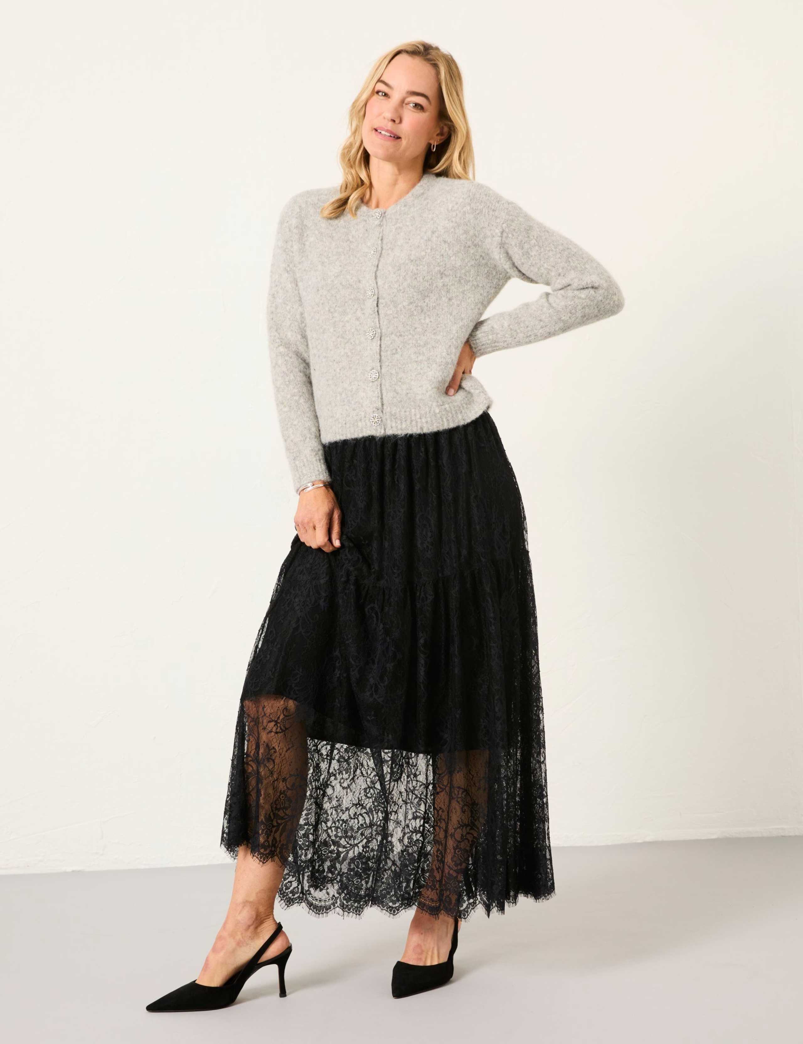 Textured Crew Neck Cardigan with Wool