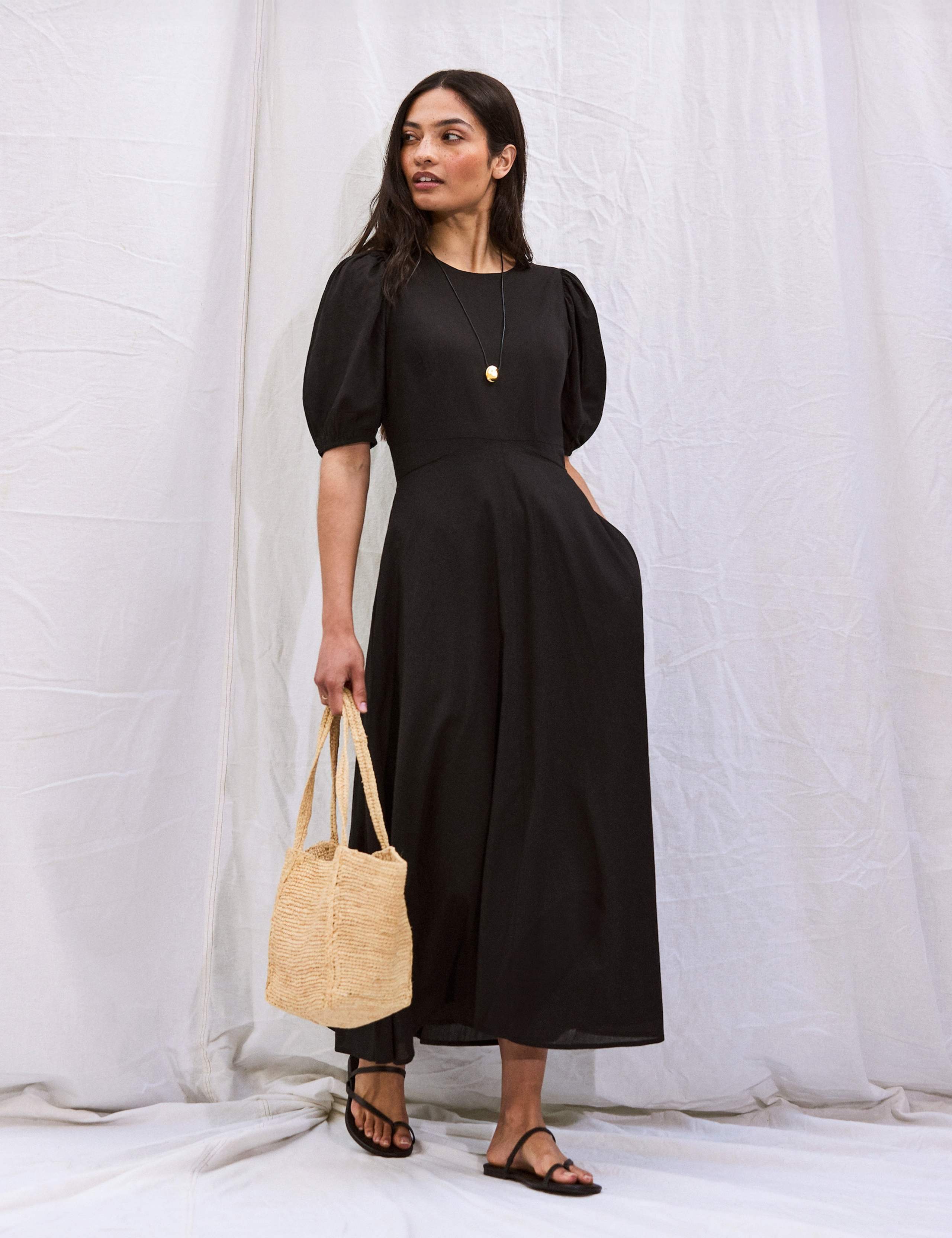 Pure Cotton Puff Sleeve Midaxi Waisted Dress