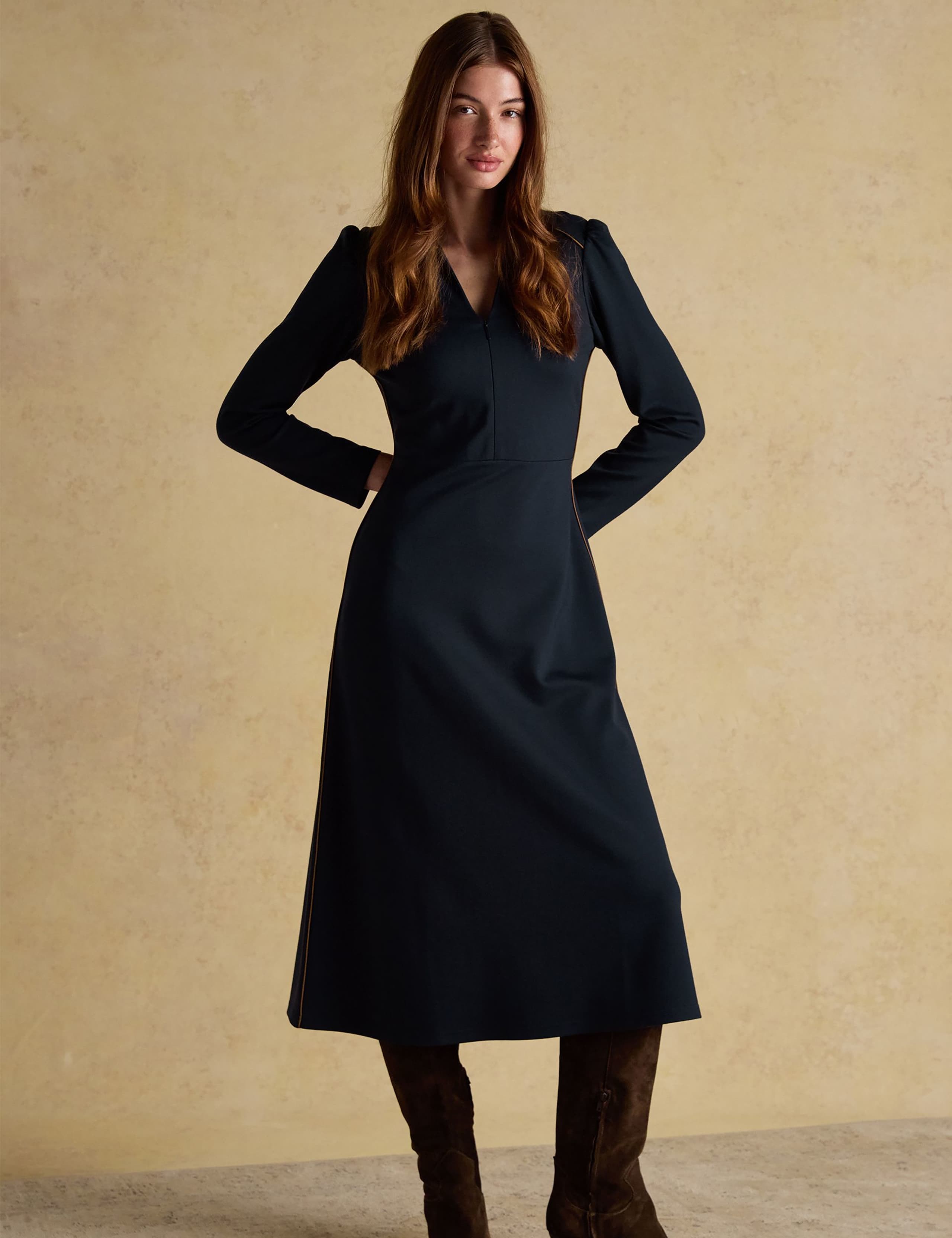 Ponte Zip Front A-Line Midaxi Dress