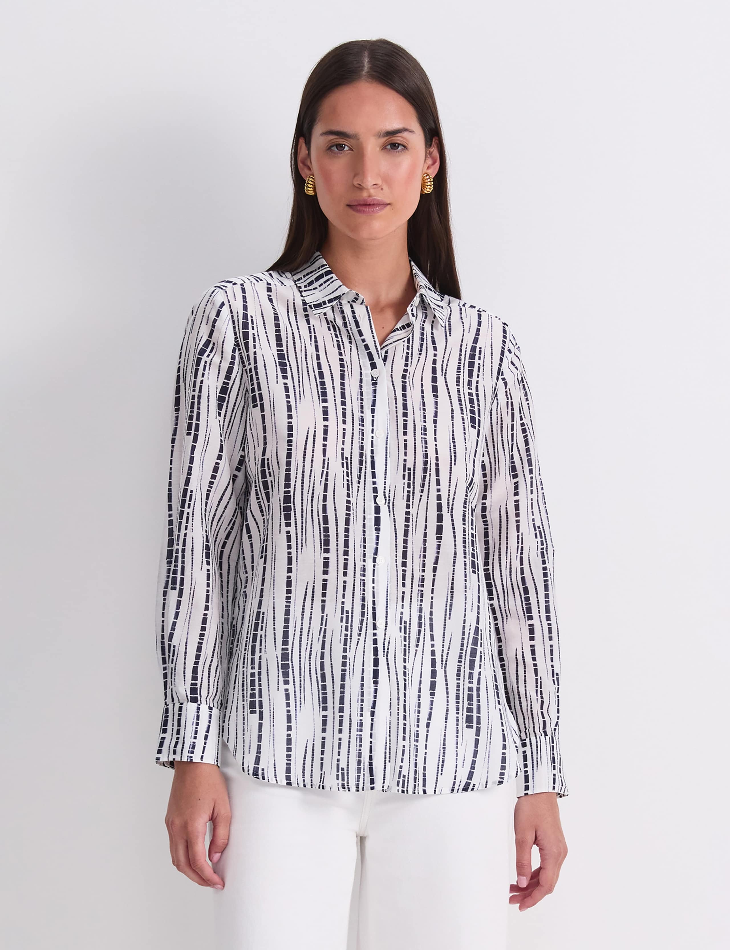 Cotton Silk Blend Geometric Collared Shirt
