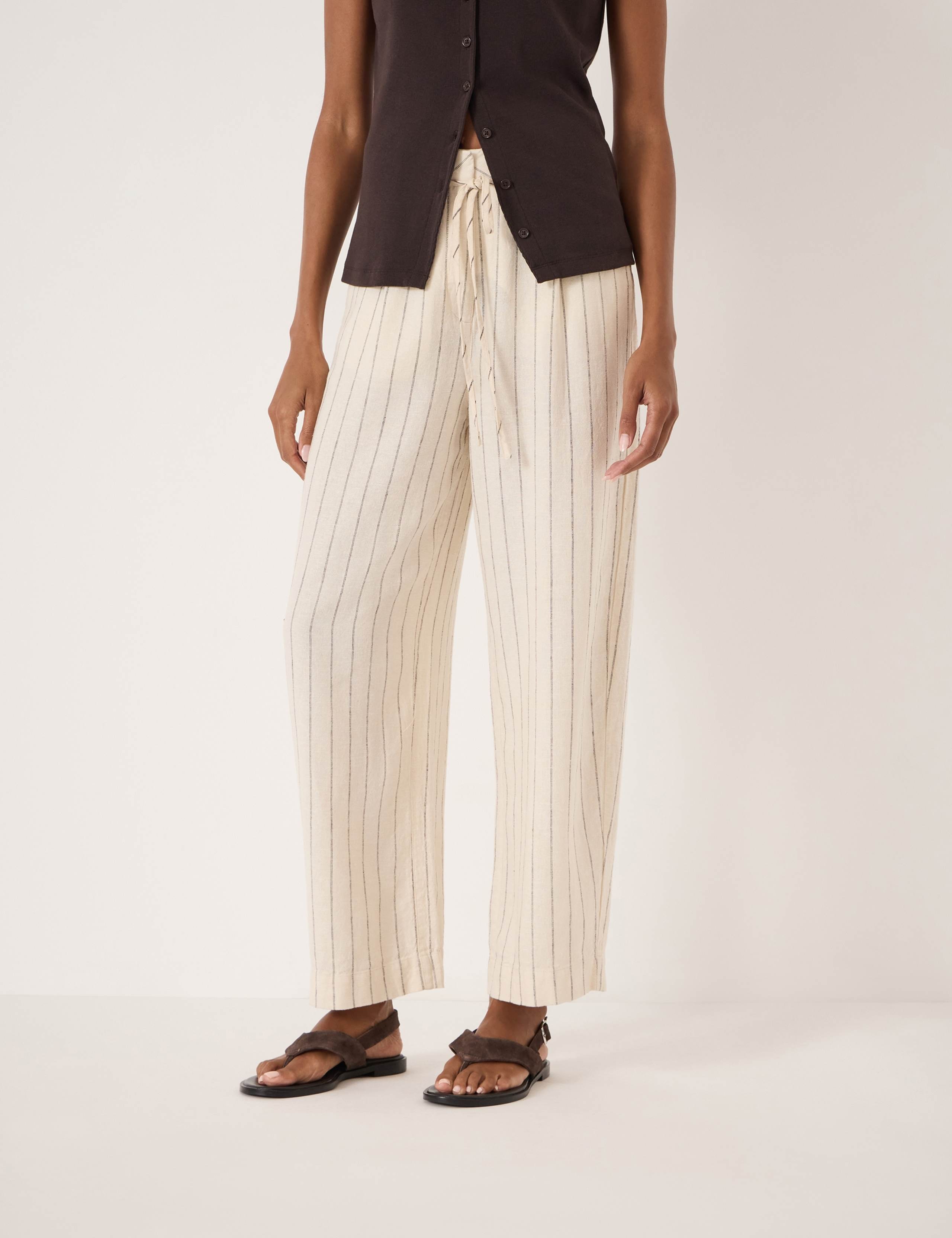 Linen Blend Pinstripe Barrel Leg Trousers
