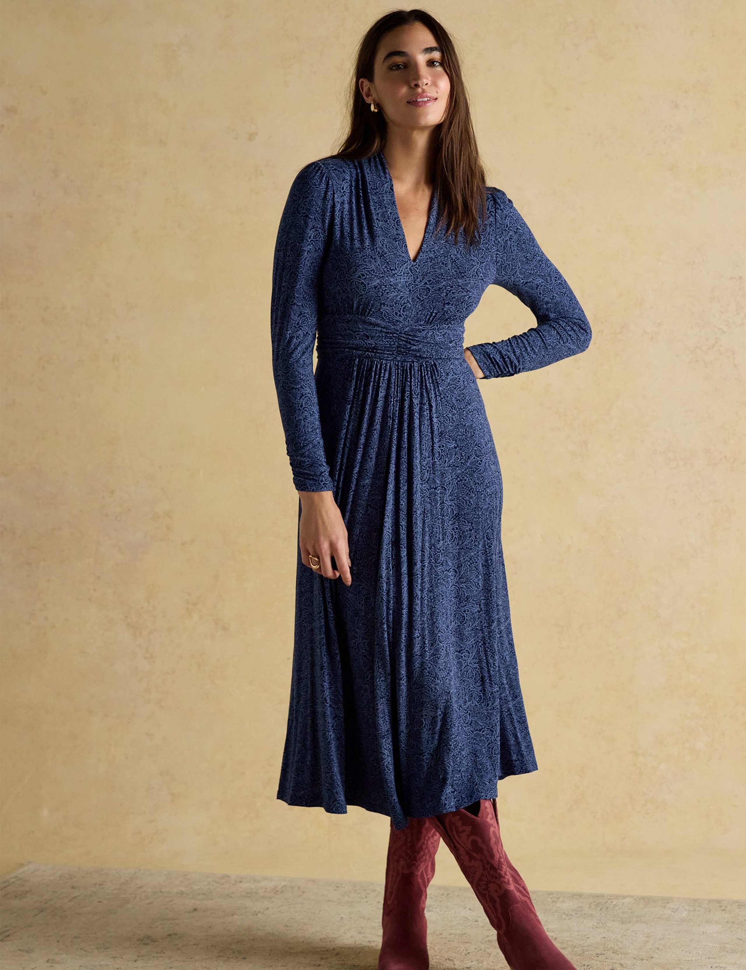 Paisley Pleat Detail Long Sleeve Dress