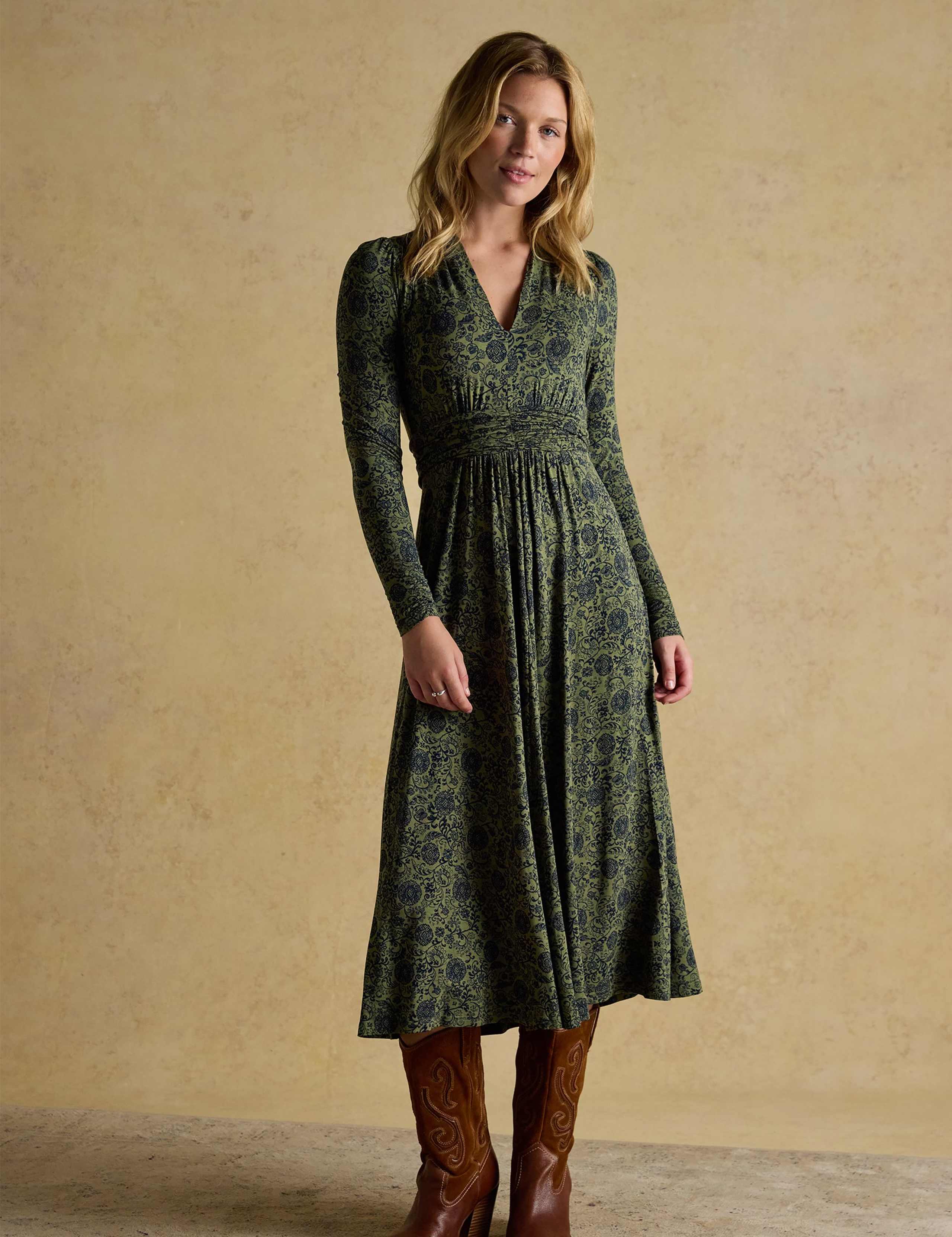 Paisley Pleat Detail Long Sleeve Dress