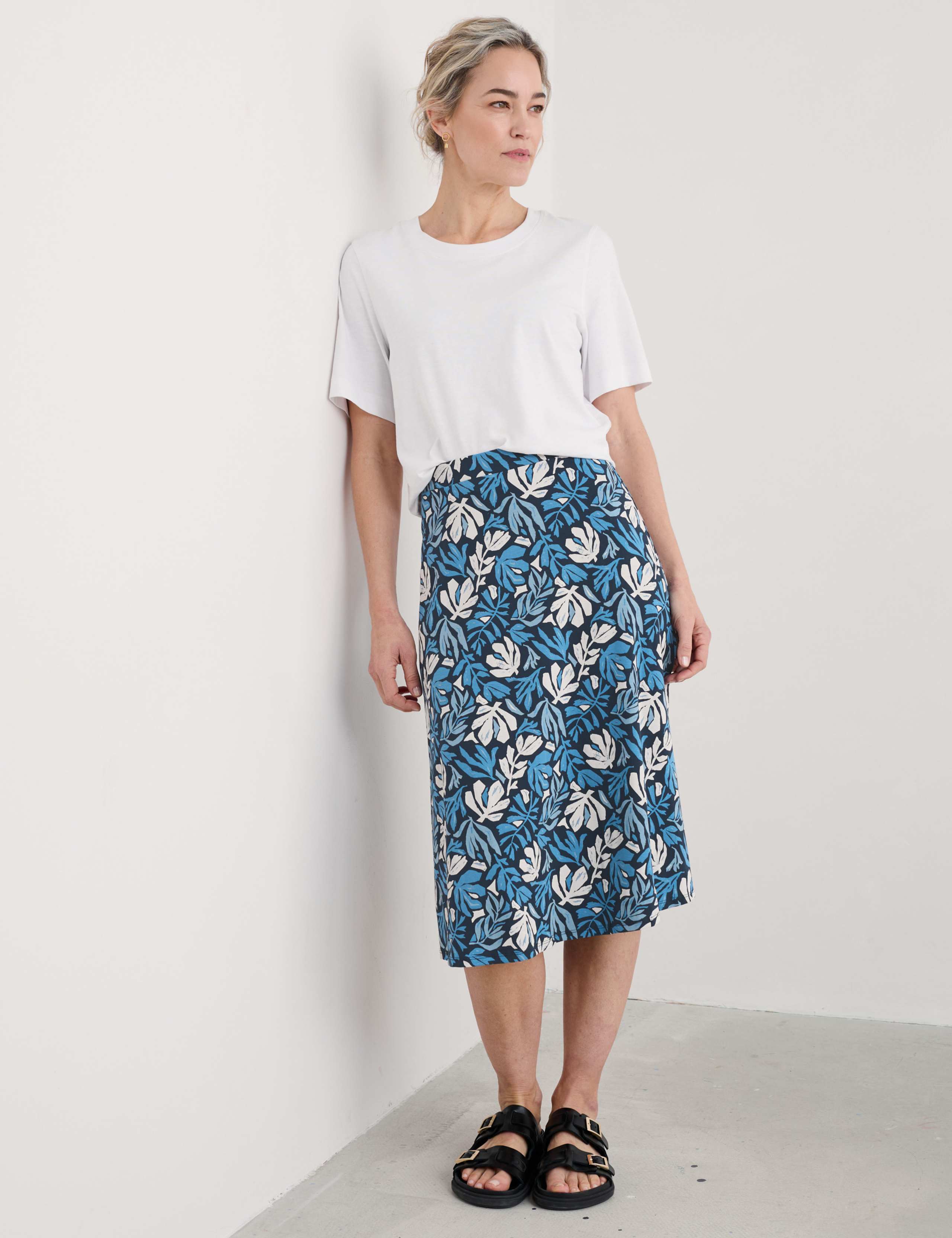 Cotton Rich Floral Midi A-Line Skirt