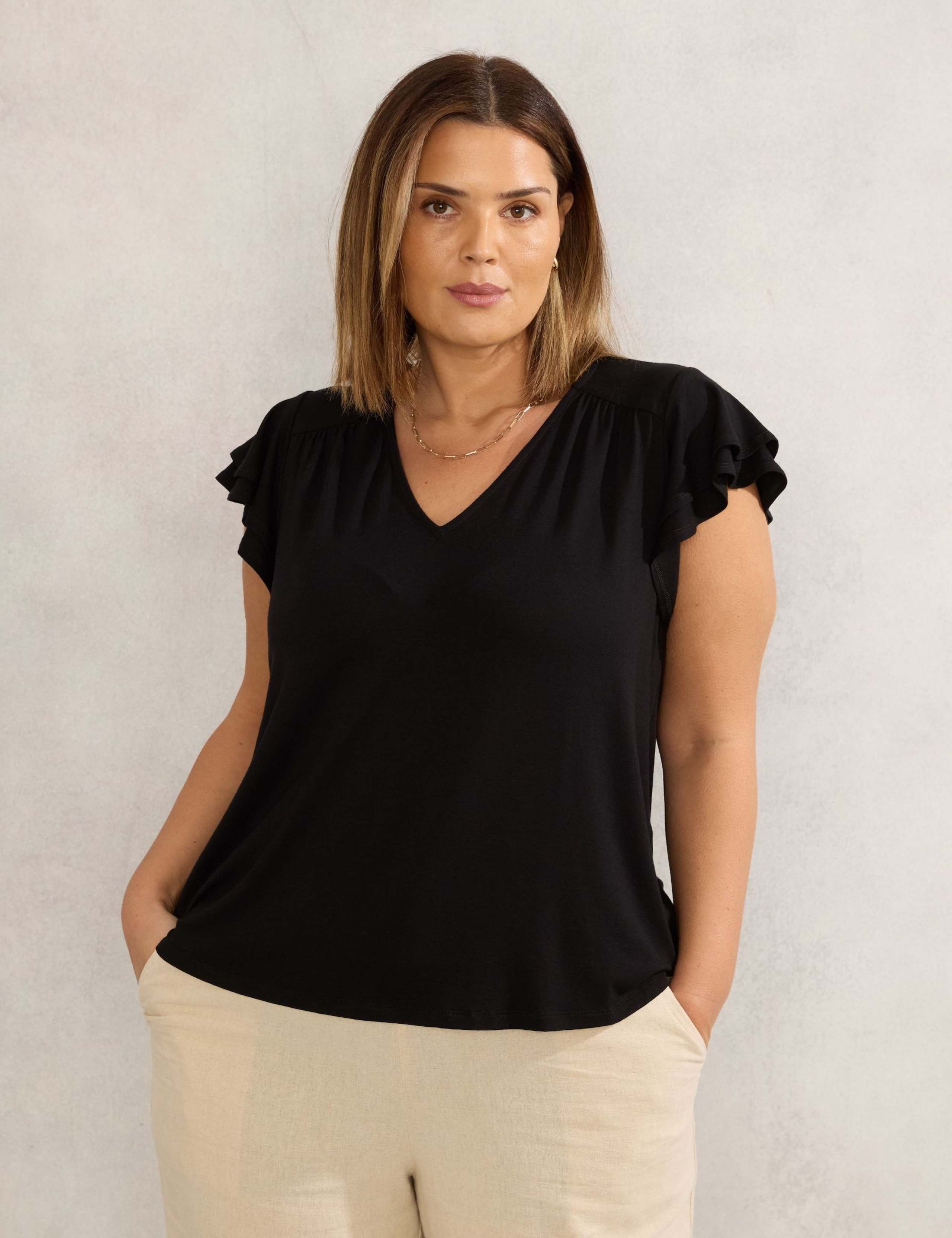 Jersey V-Neck Flutter Sleeve Top