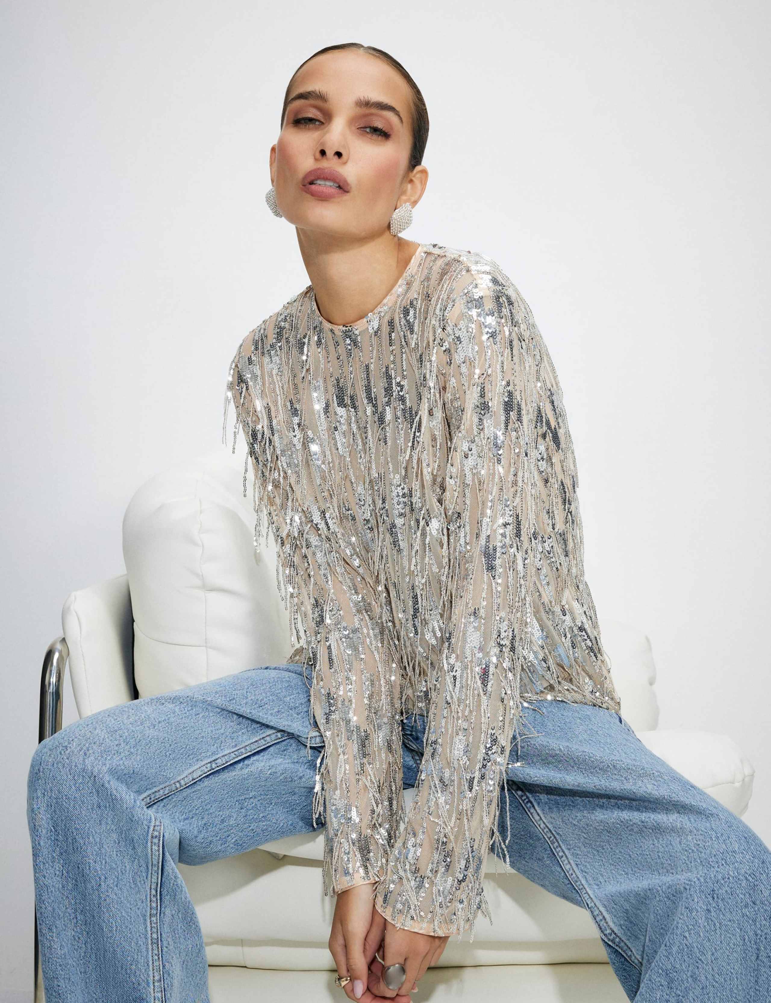 Sequin Funnel Neck Top