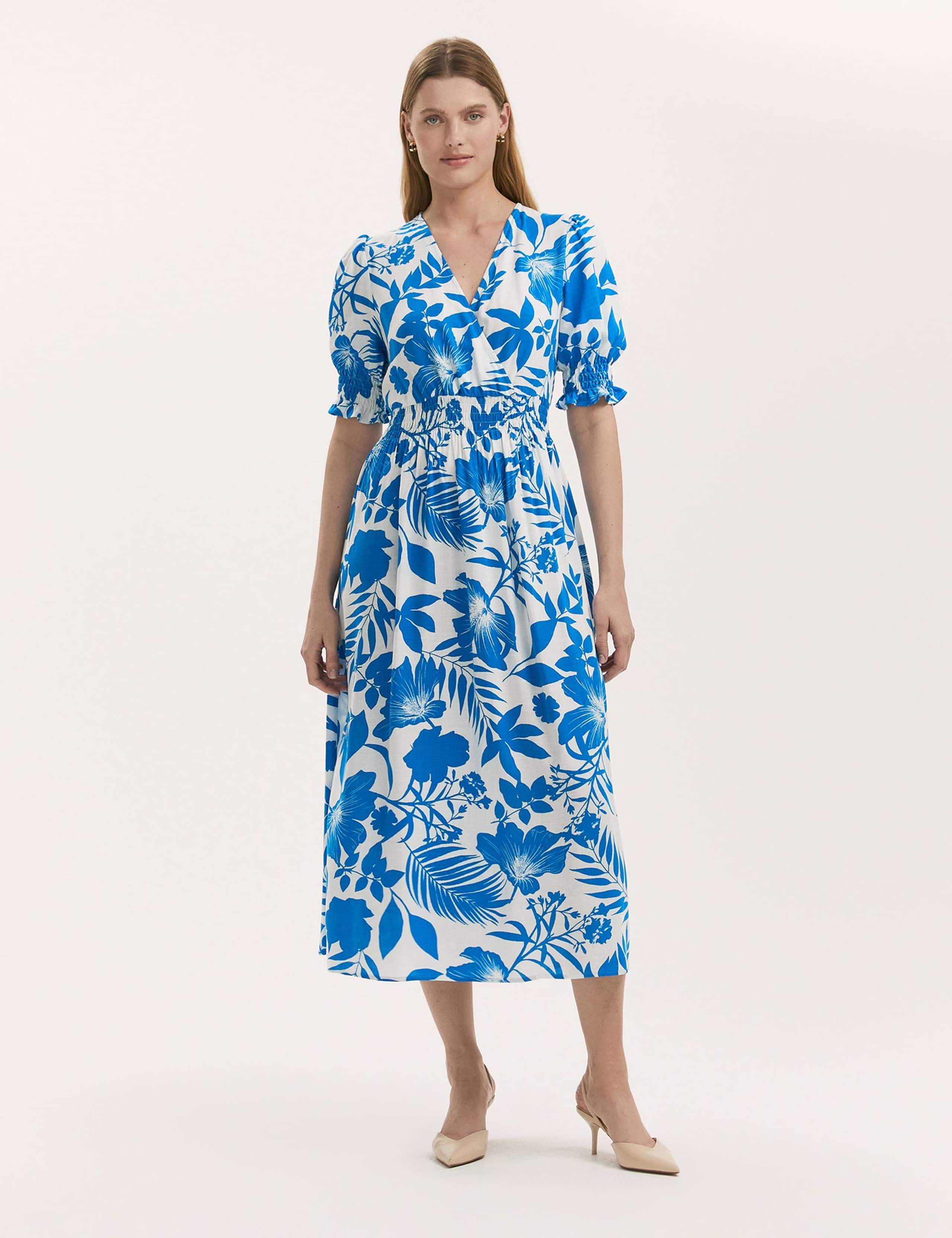 Floral V-Neck Puff Sleeve Midi Waisted Dress