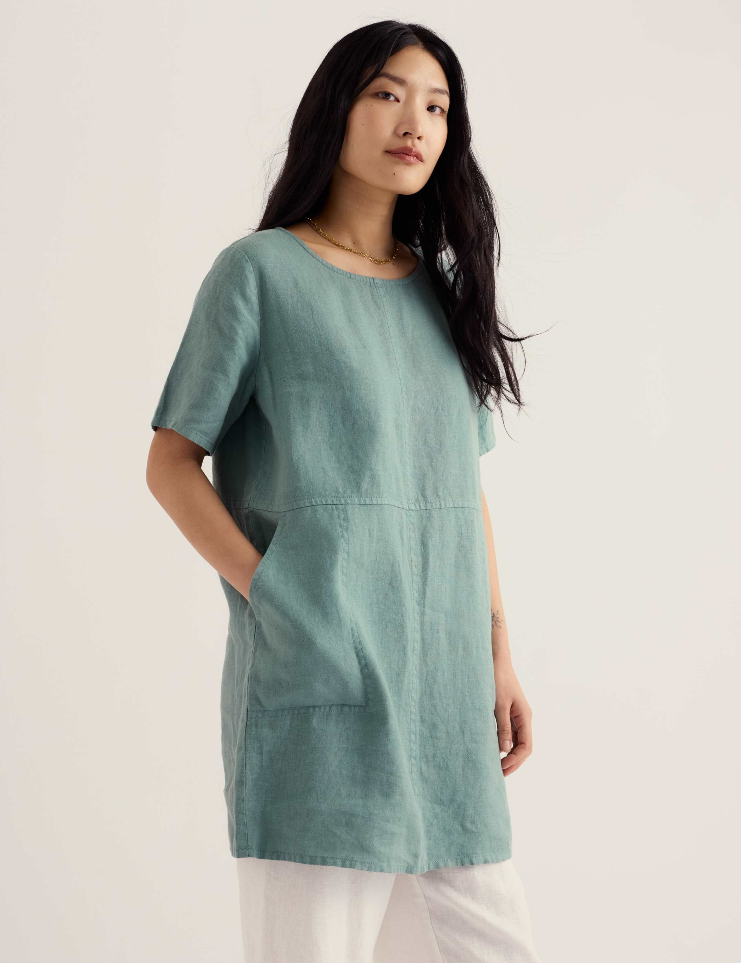 Pure Linen Floral Scoop Neck Tunic