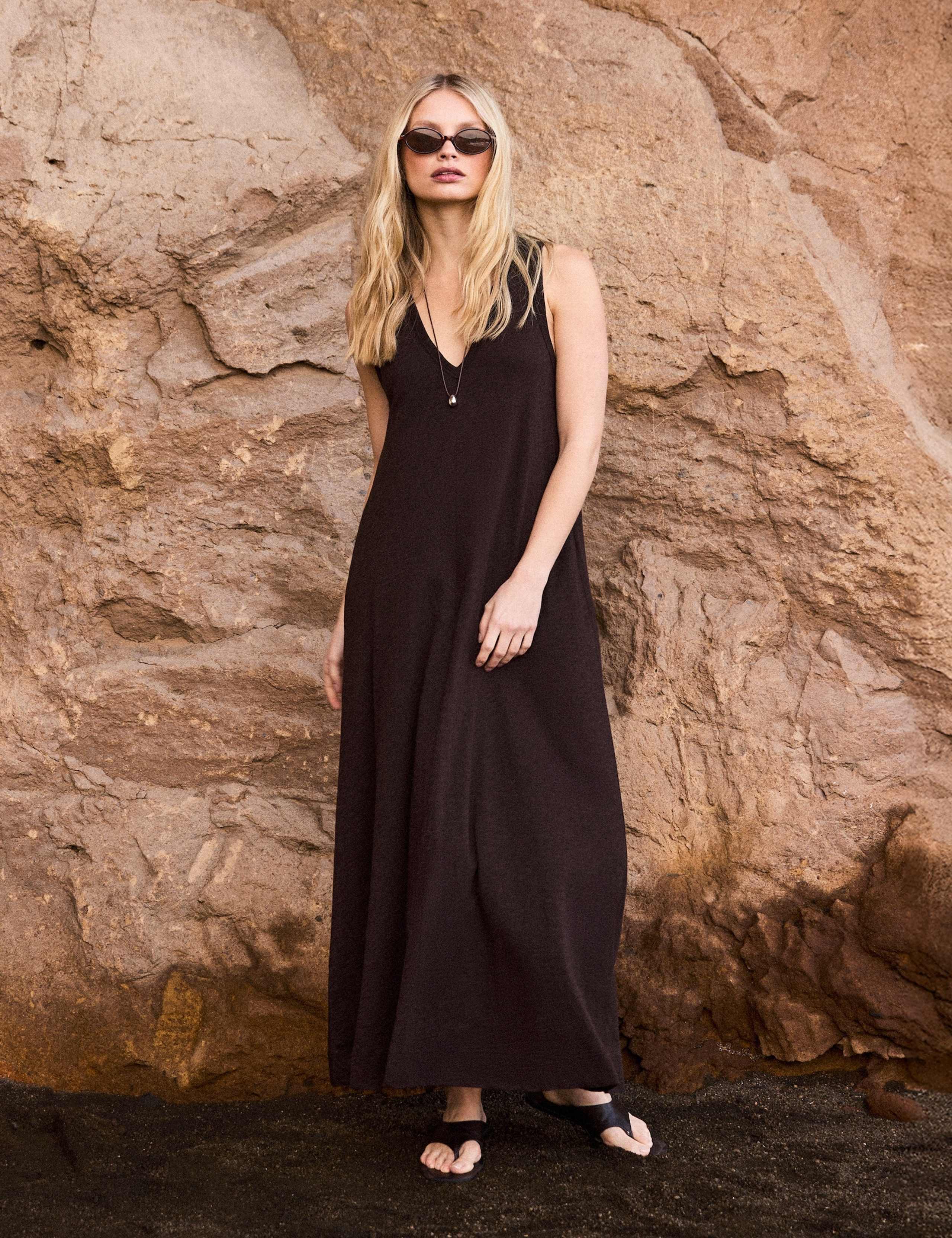 Pure Cotton Jersey V-Neck Midi Column Dress