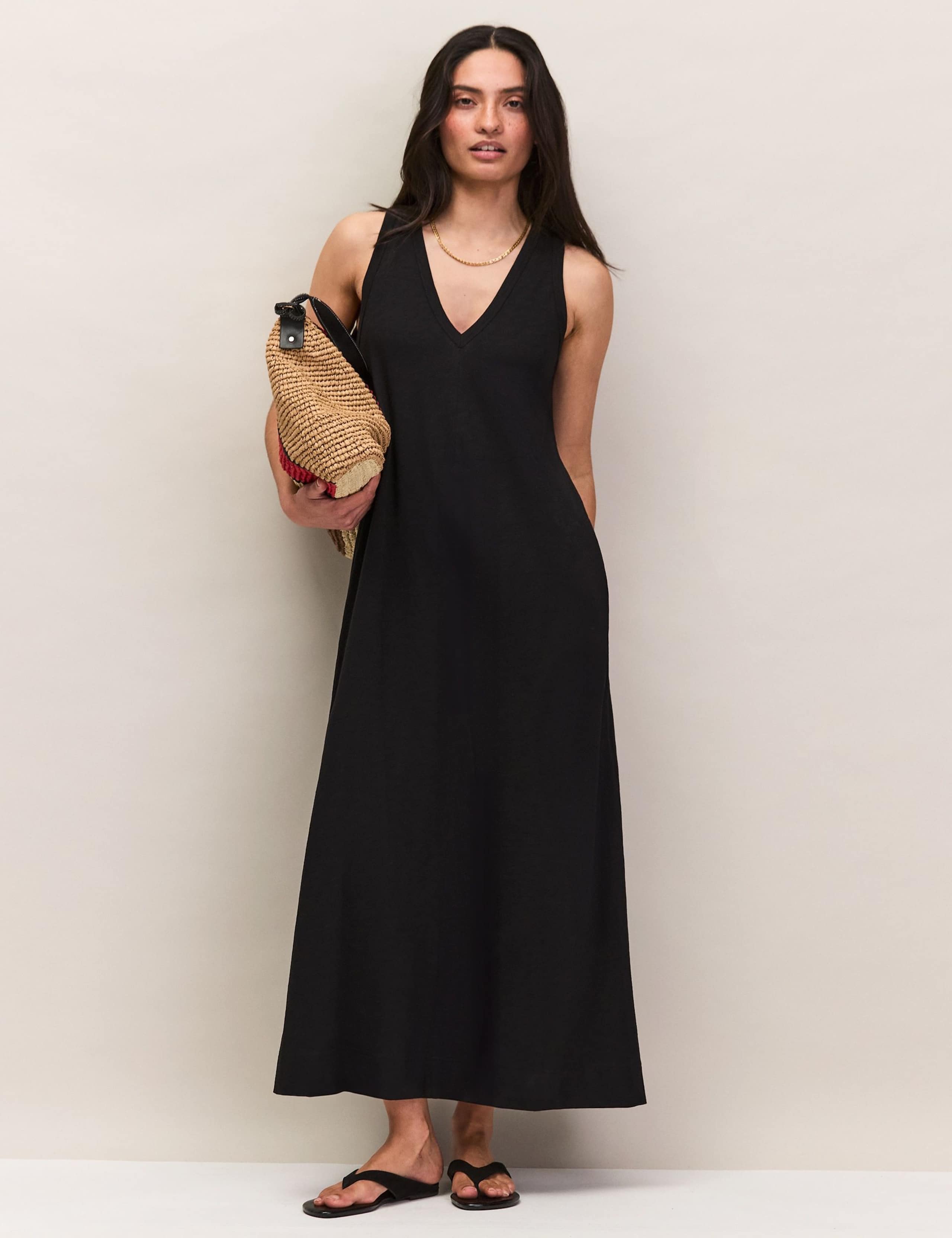 Pure Cotton Jersey V-Neck Midi Column Dress