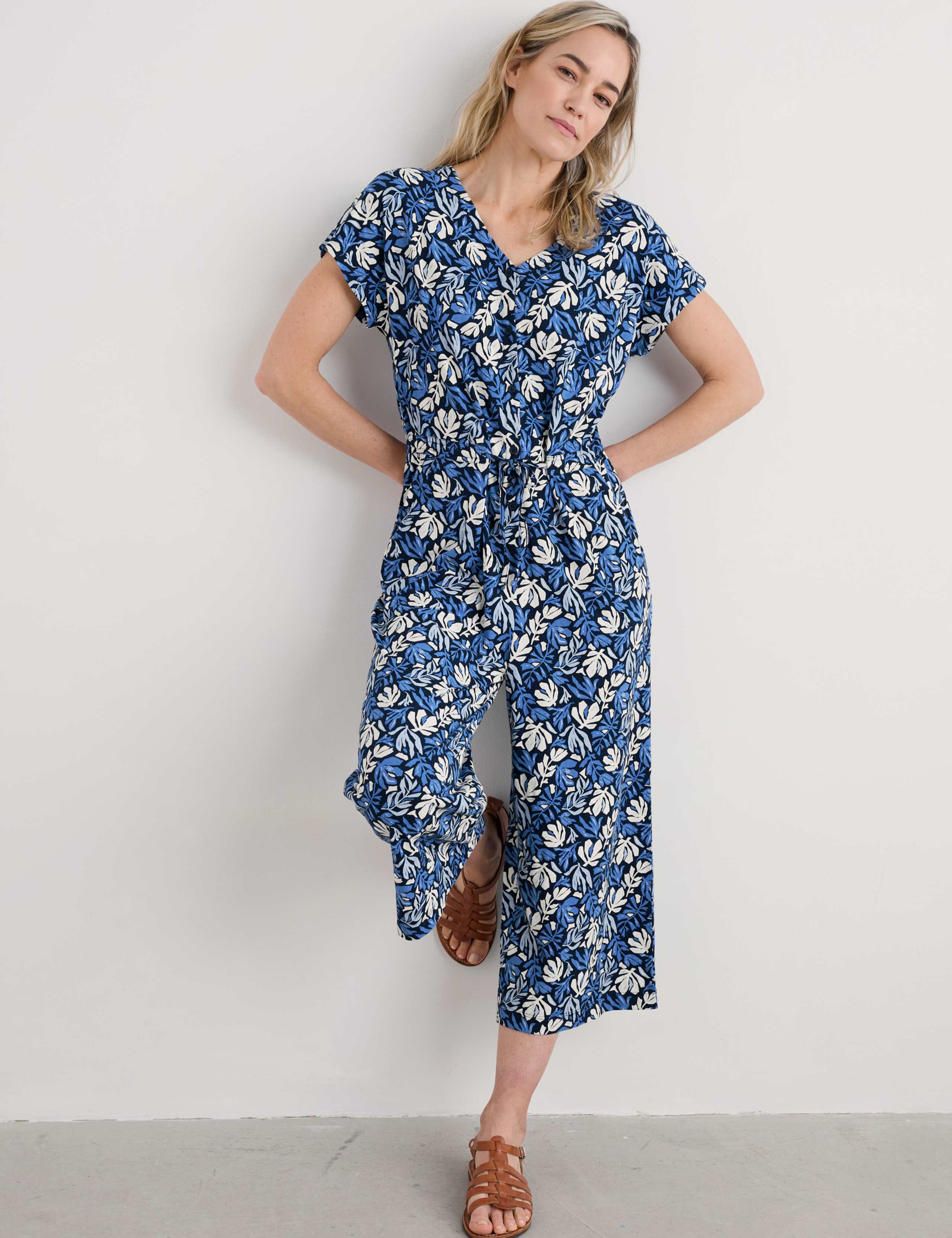 Cotton Rich Floral Short Sleeve Cropped Jumpsuit