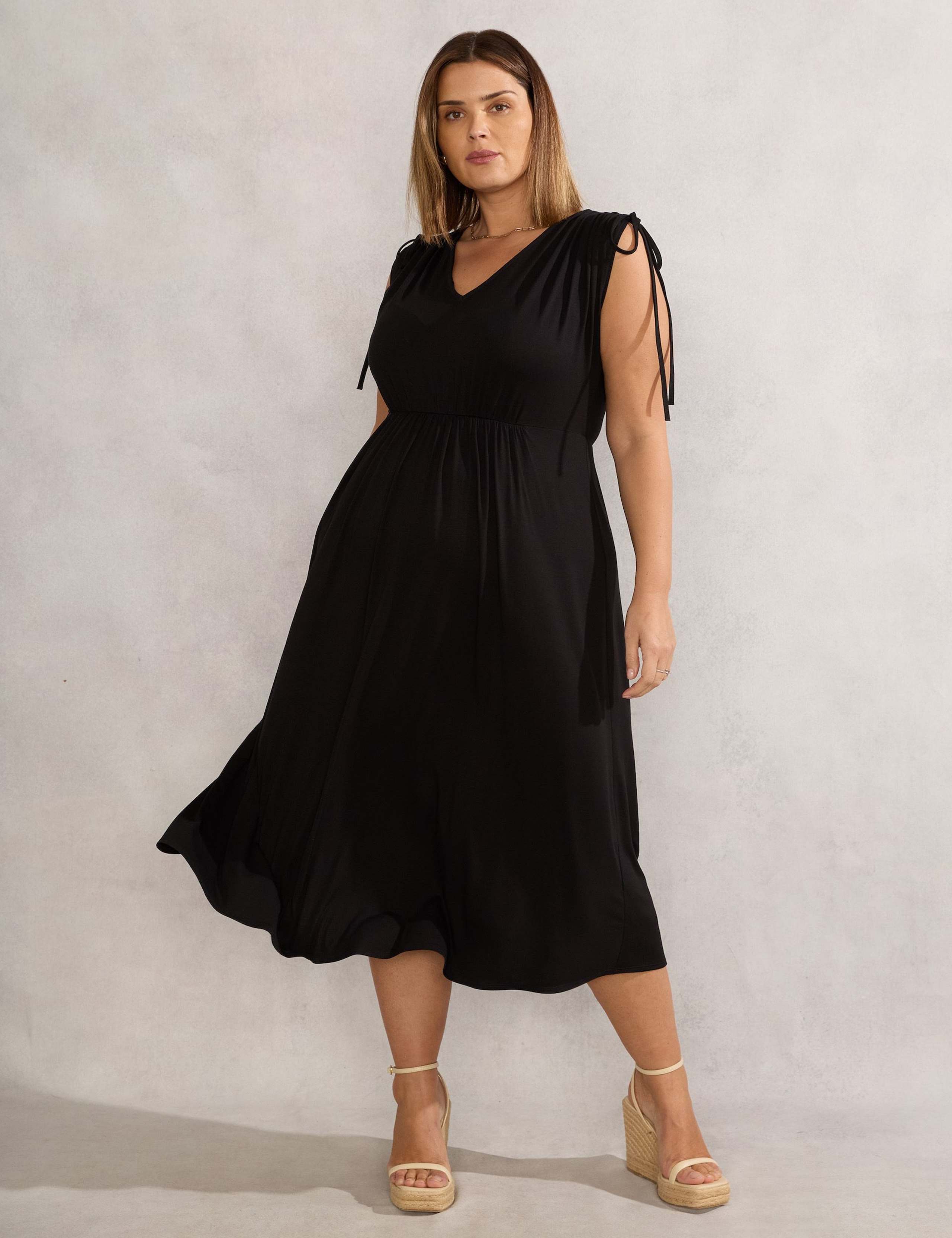Jersey V-Neck Midi Waisted Dress