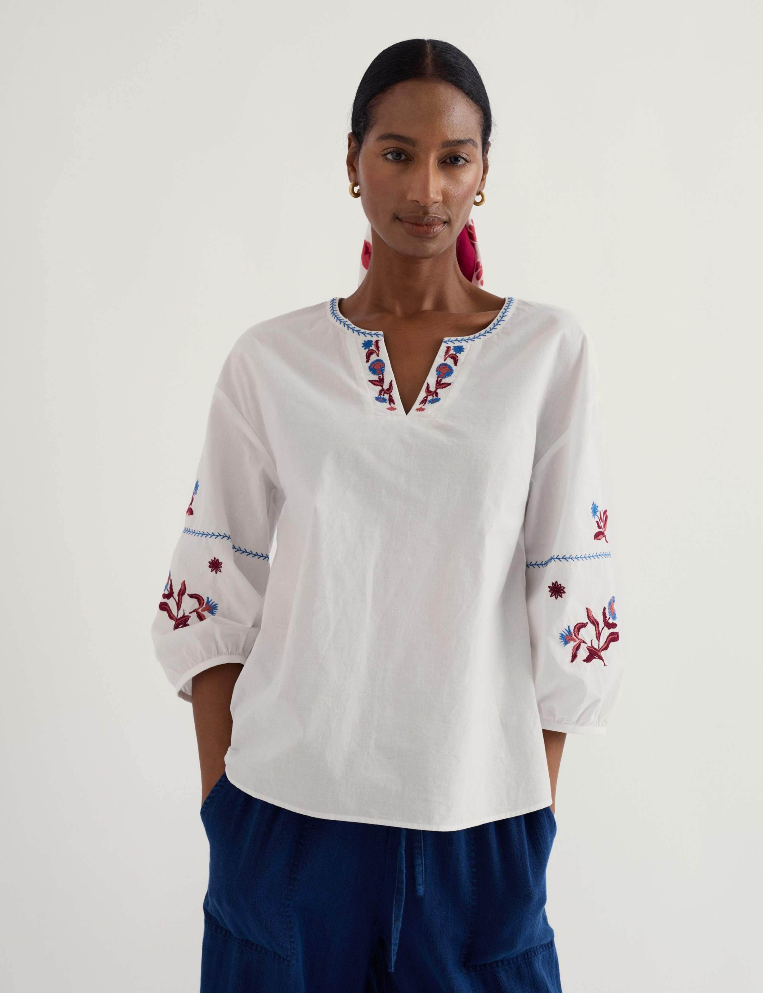 Pure Cotton Embroidered Notch Neck Top