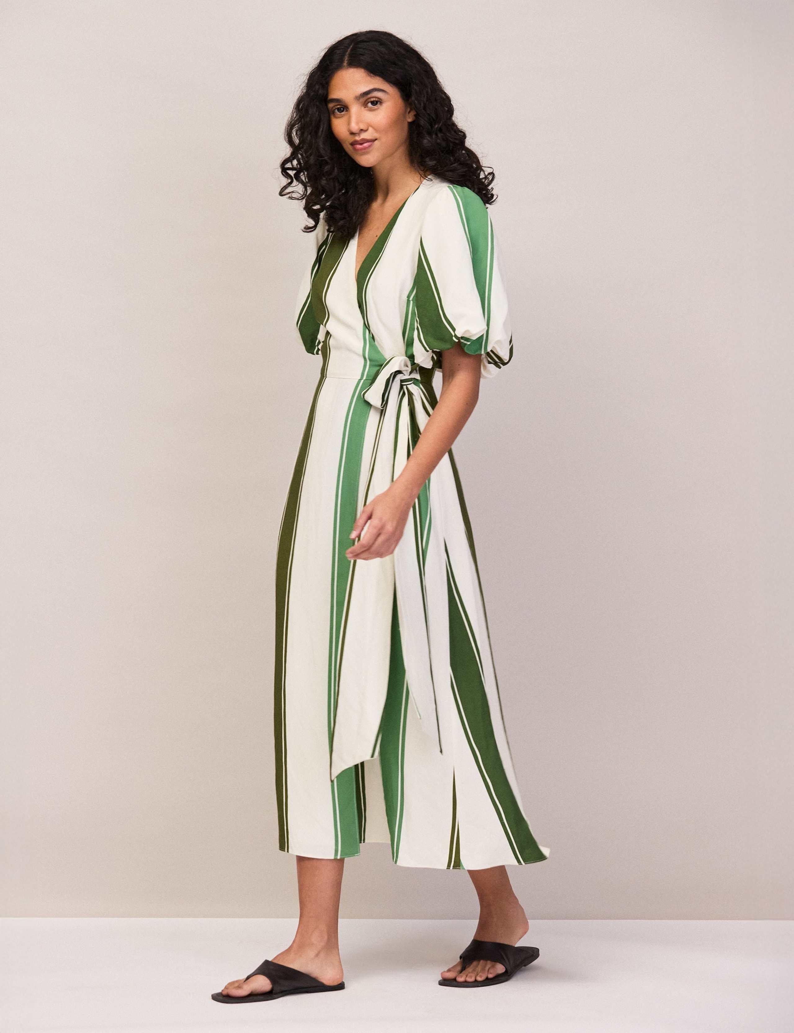 Striped V-Neck Midi Wrap Dress with Linen