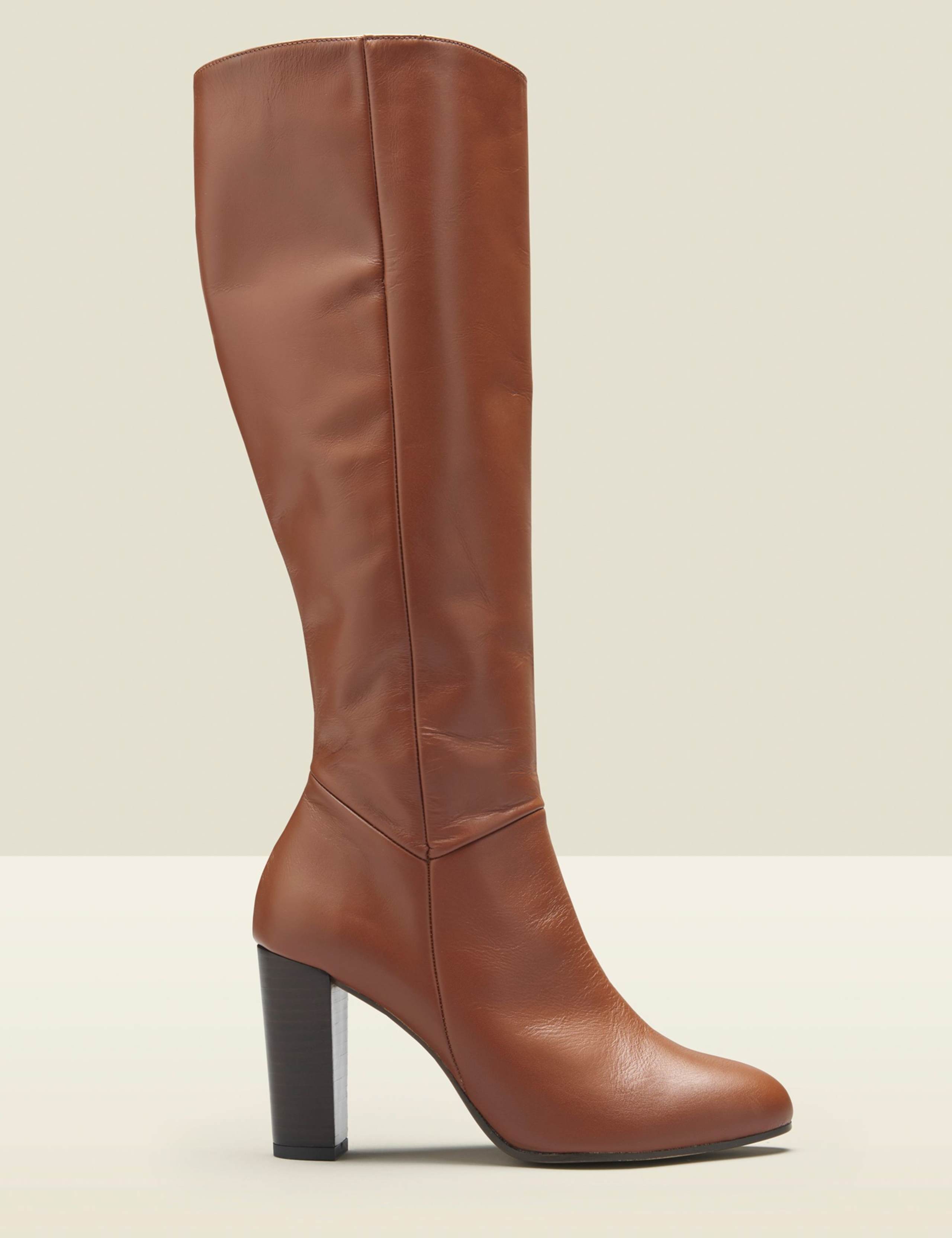 Leather Block Heel Knee High Boots