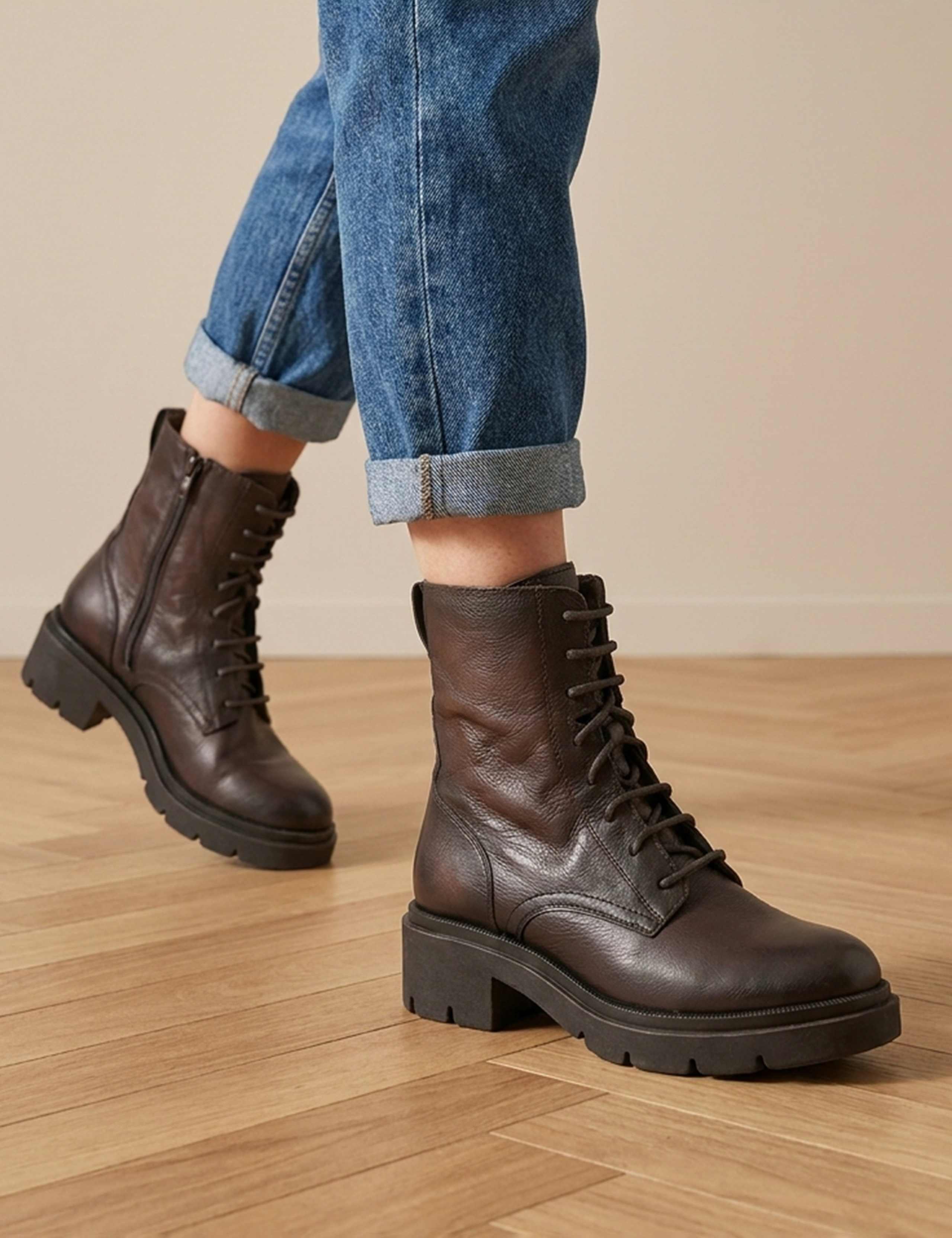 Leather Lace Up Block Heel Boots