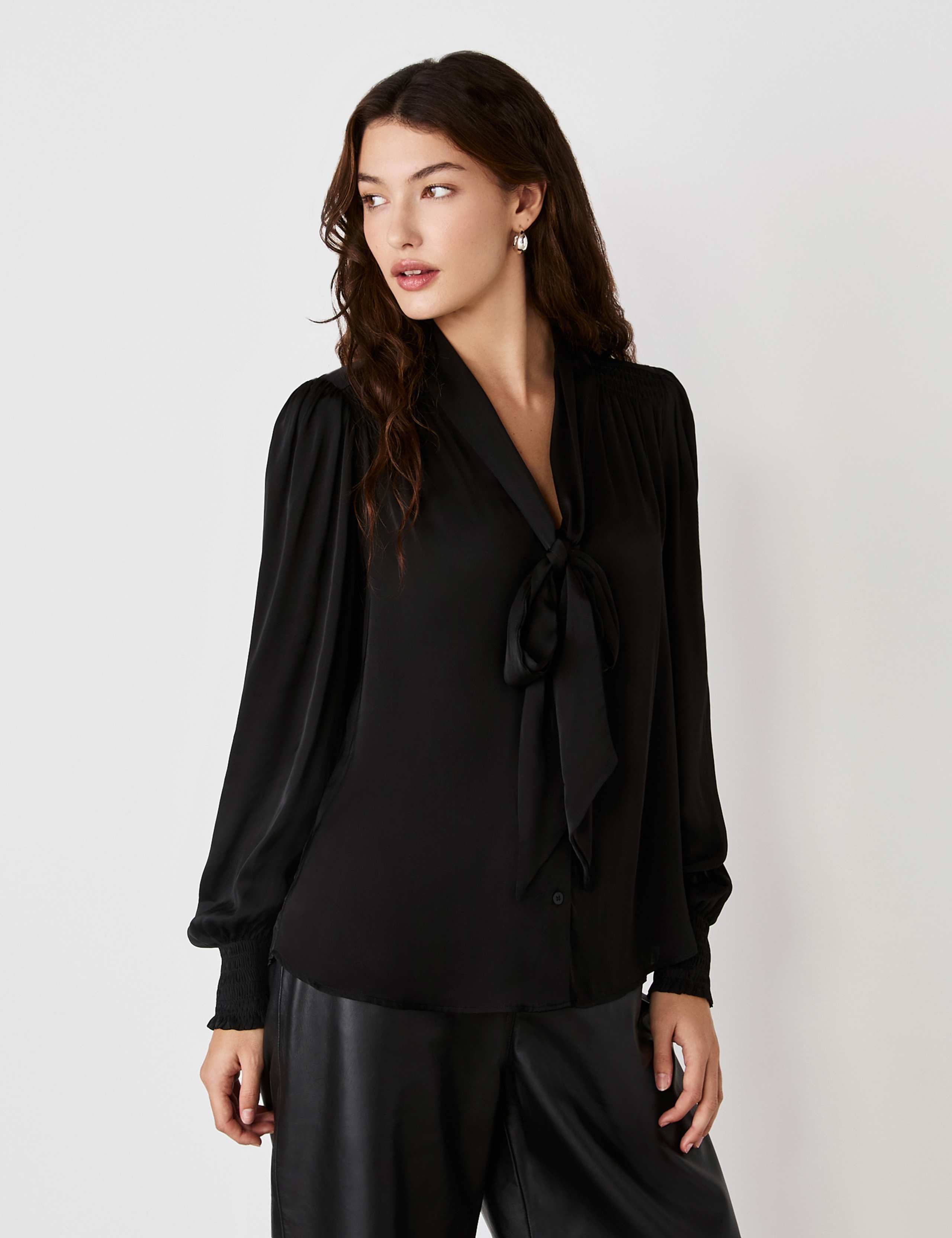 Crepe Tie Neck Blouson Sleeve Blouse