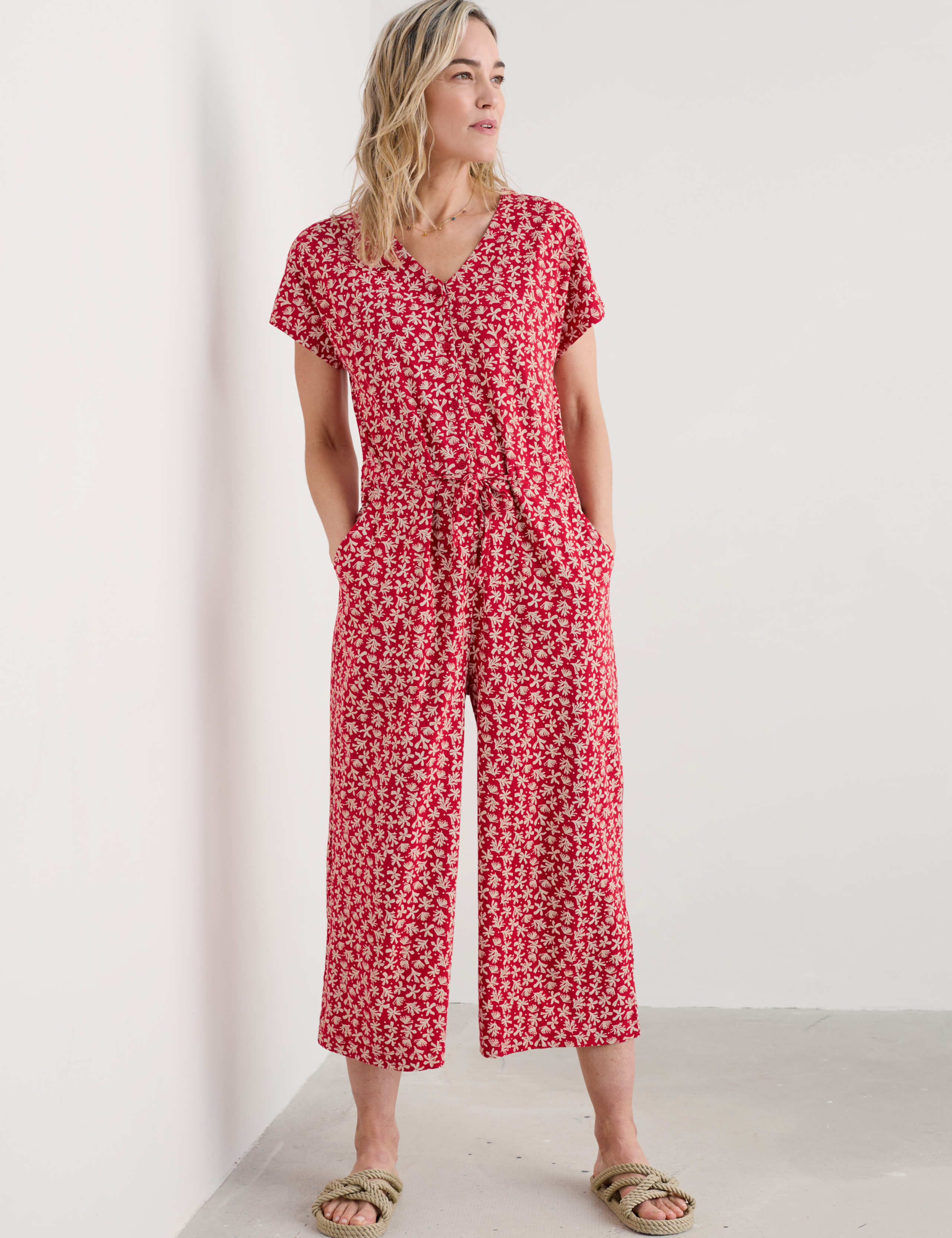 Cotton Modal Blend Floral Cropped Jumpsuit