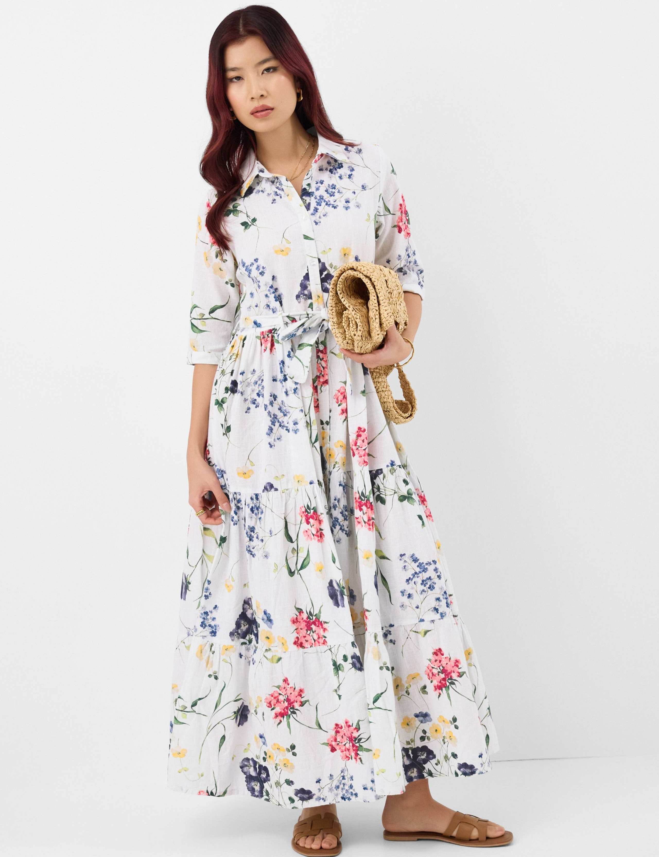 Pure Cotton Floral Belted Maxi Shirt Dress