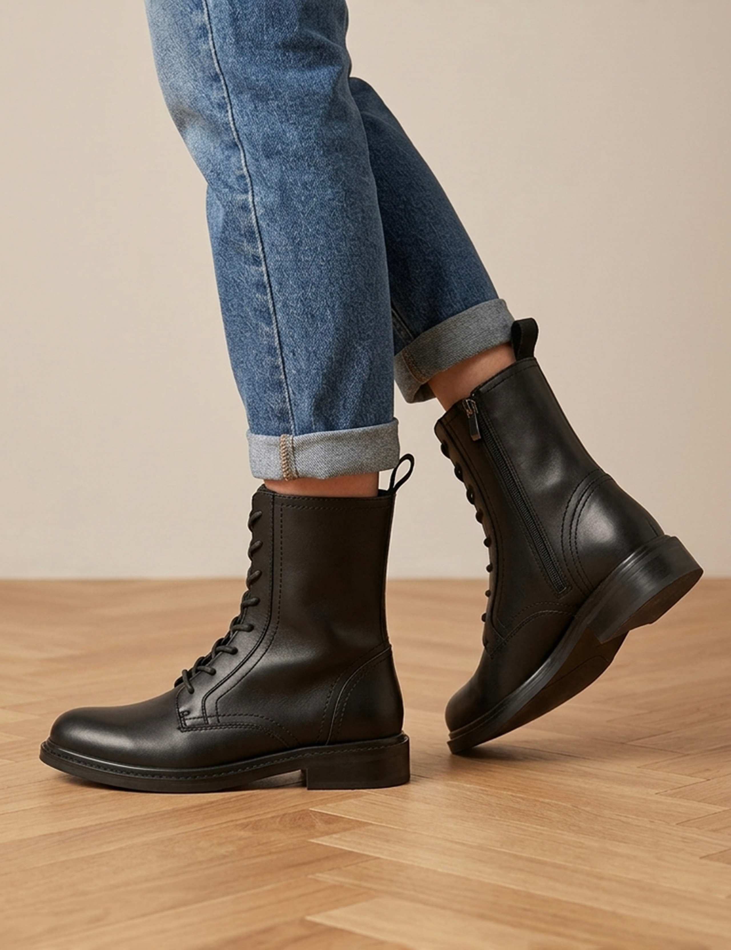 Leather Block Heel Ankle Boots
