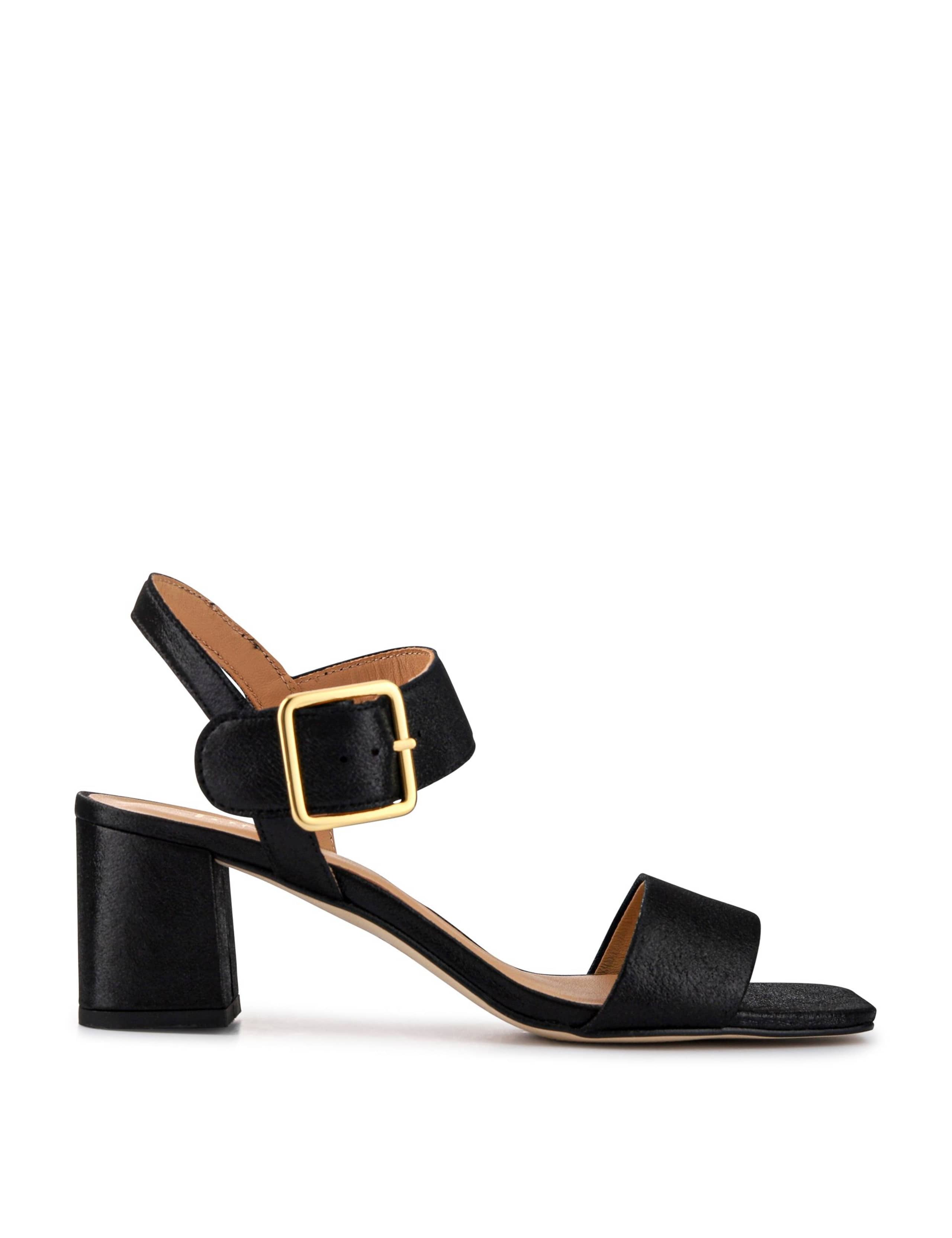 Leather Metallic Buckle Block Heel Sandals
