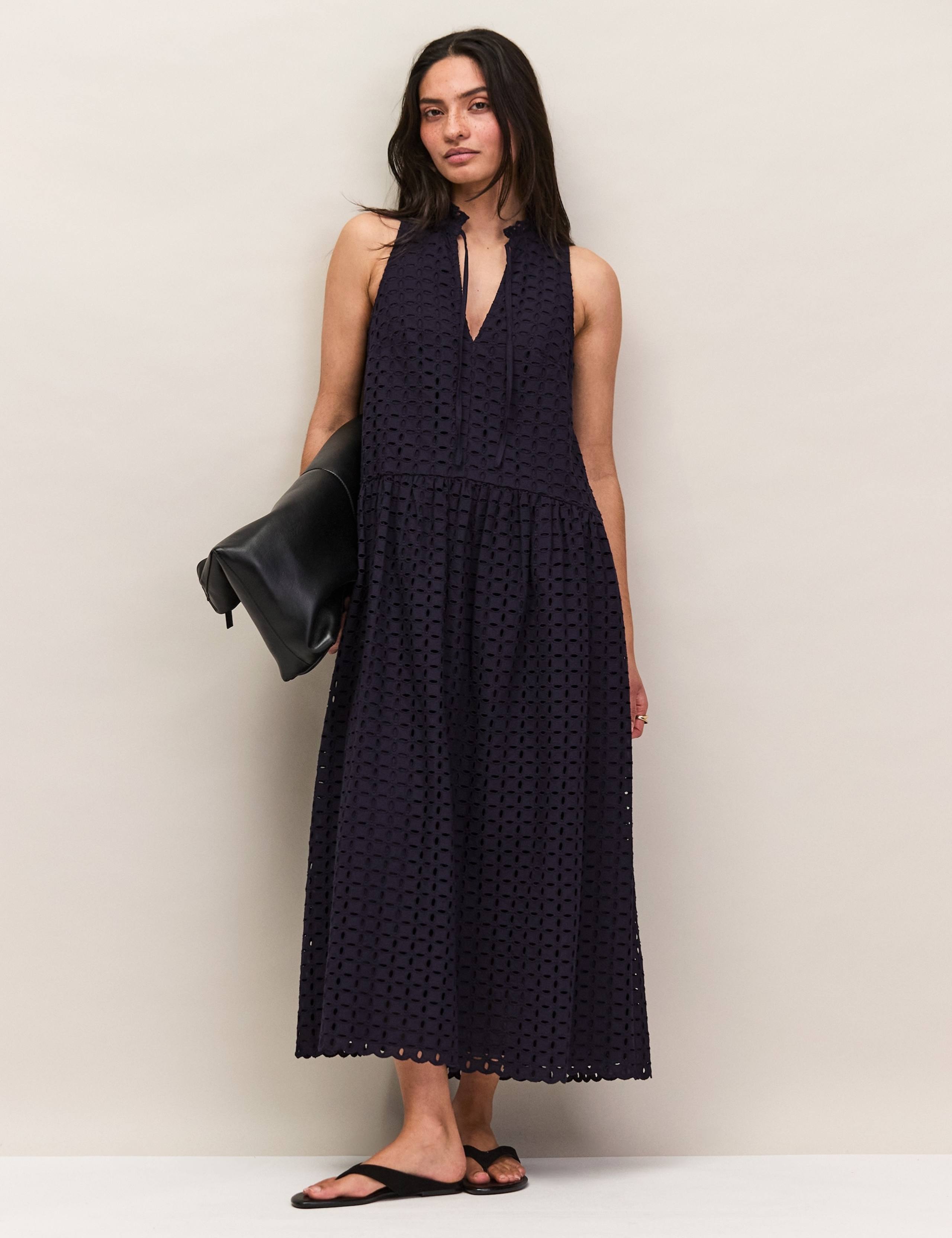 Pure Cotton Broderie V-Neck Midi Column Dress