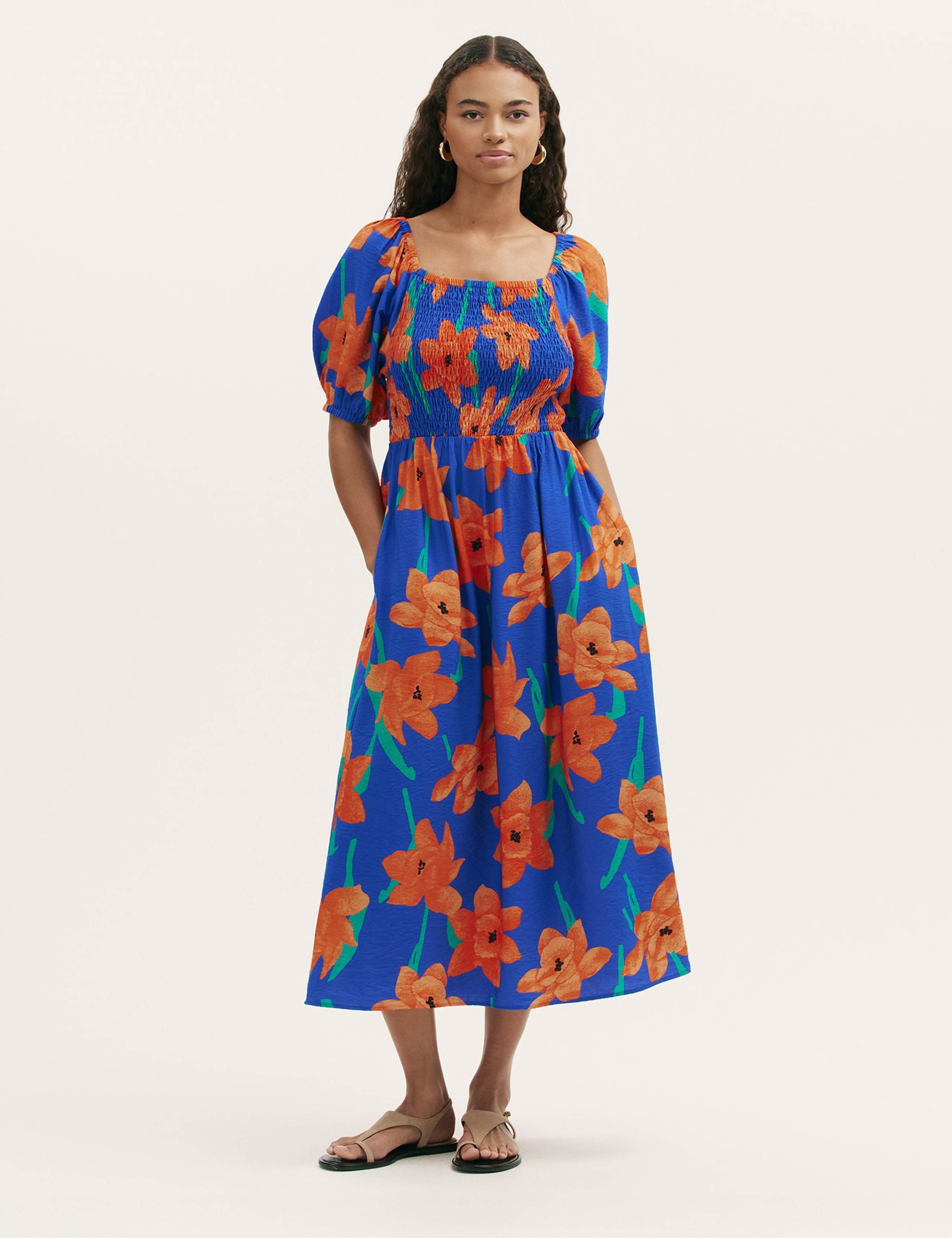 Floral Square Neck Midi Shirred Dress