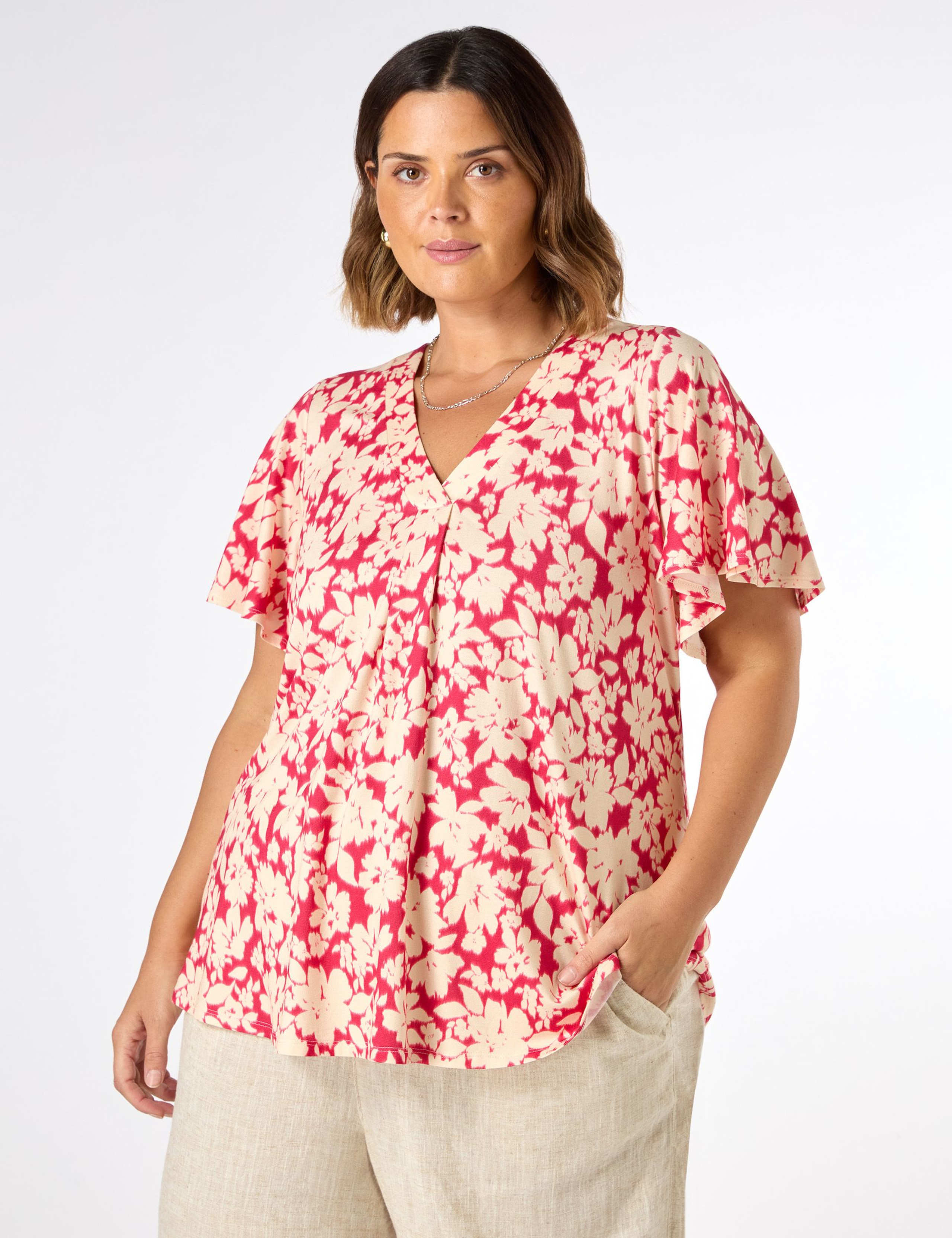 Jersey Floral V-Neck Pleat Detail Top