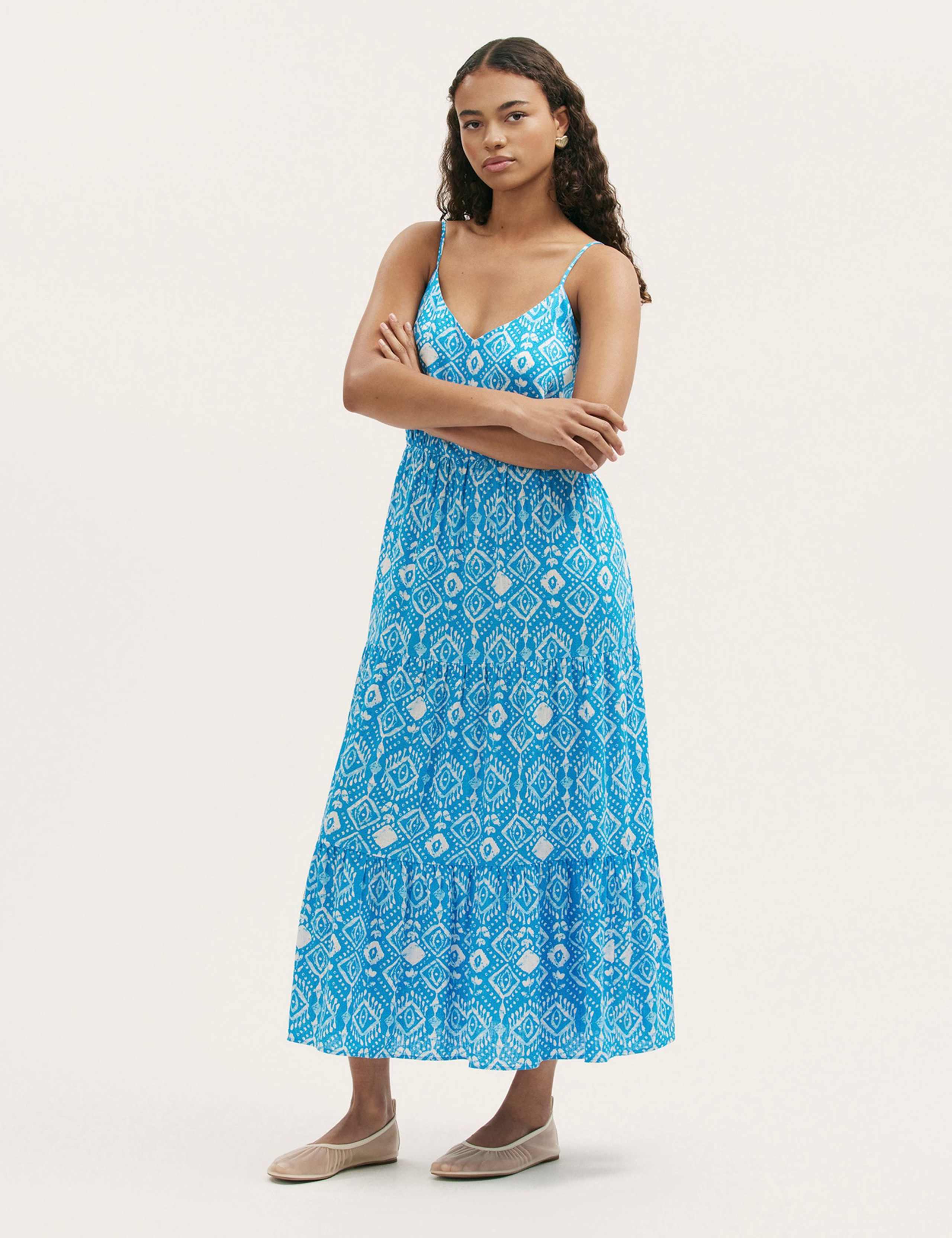 Pure Cotton Leaf Print V-Neck Midi Dress
