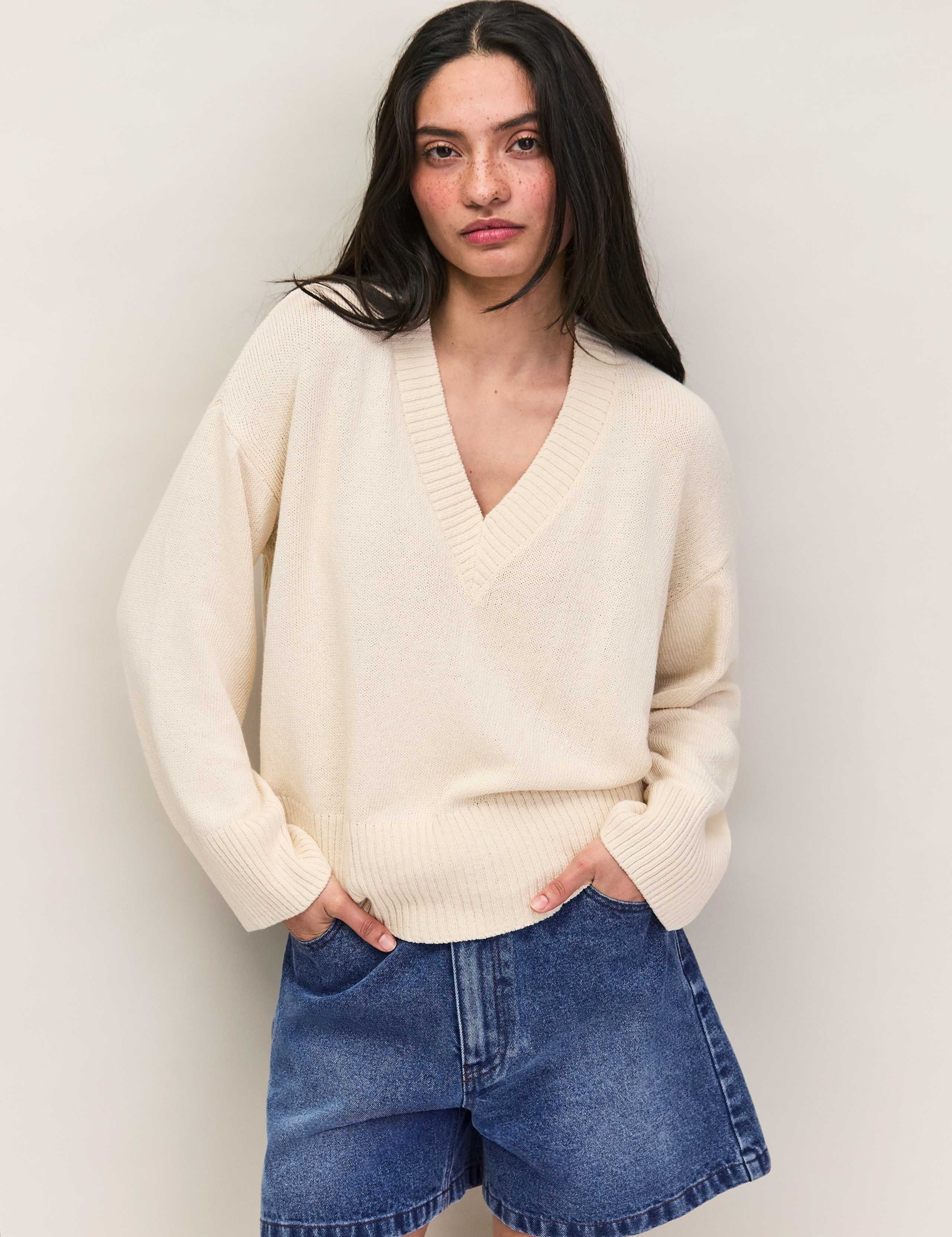 Cotton Blend Textured V-Neck Relaxed Jumper