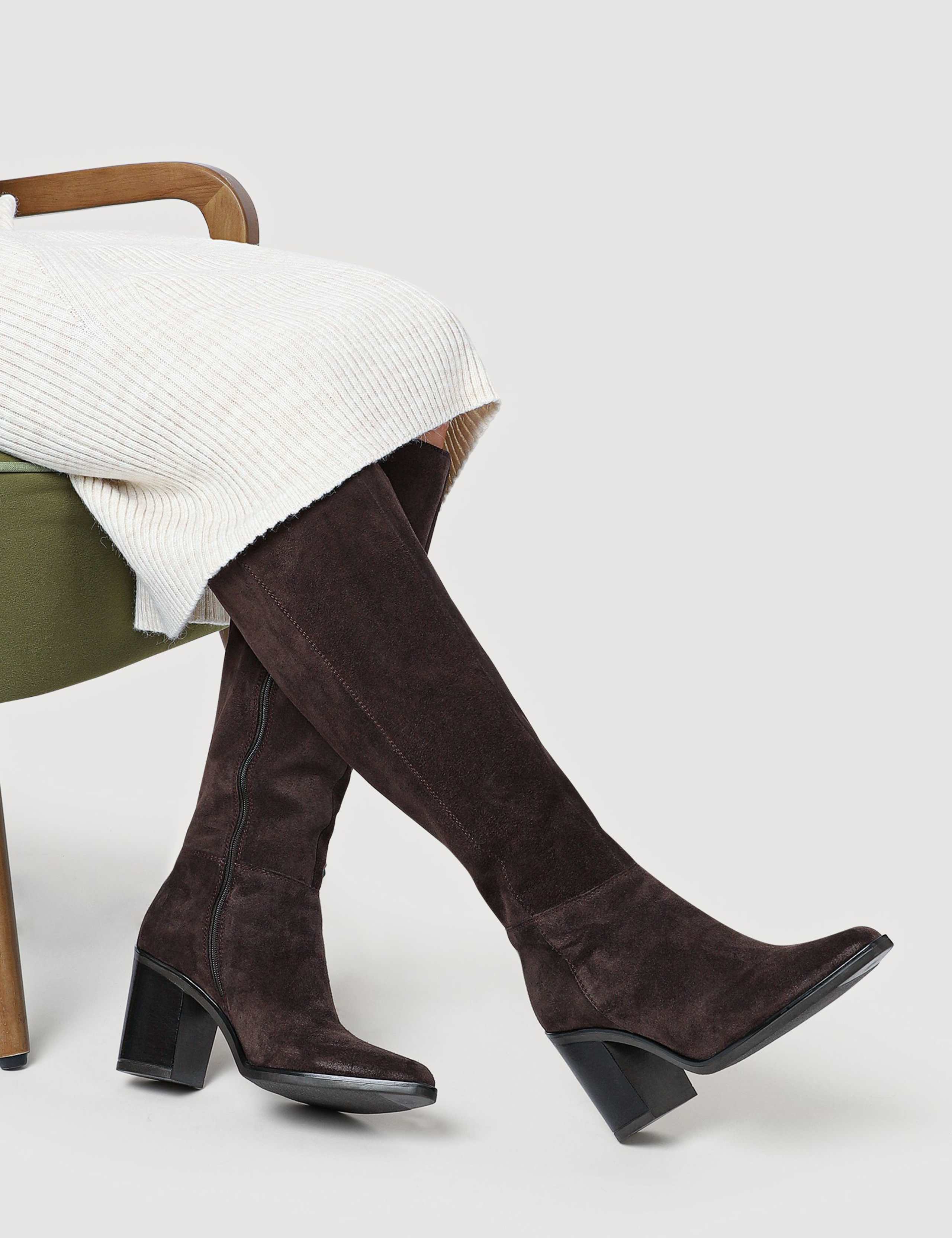 Suede Block Heel Knee High Boots