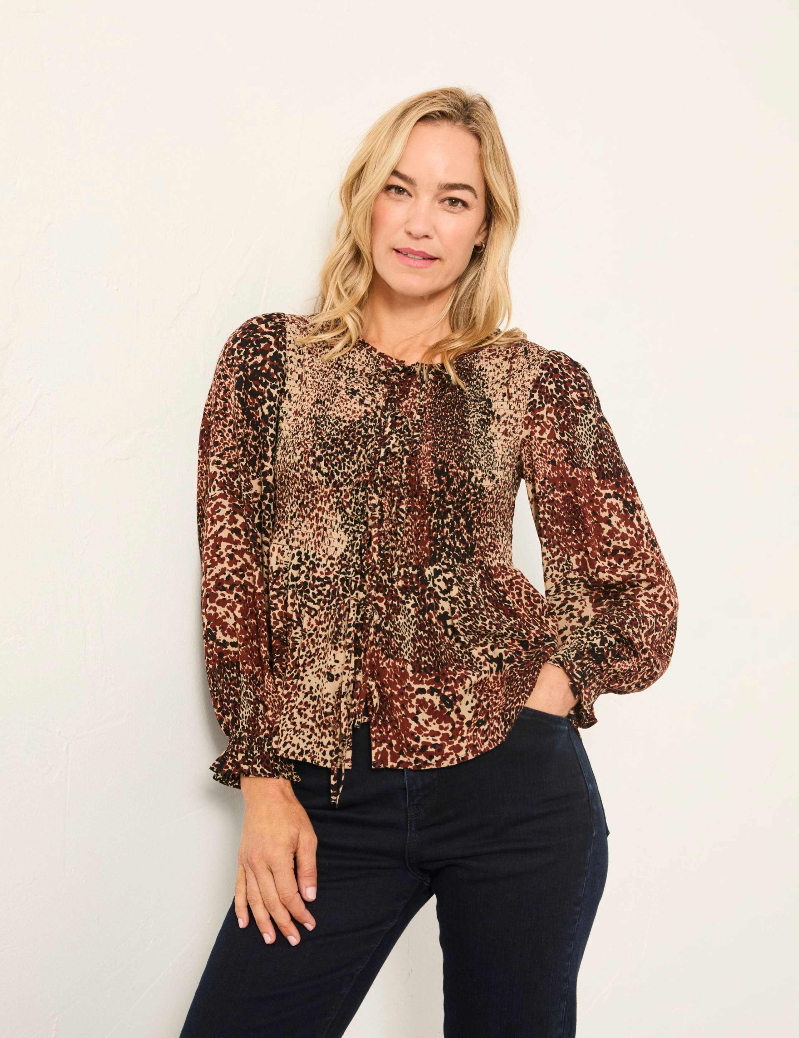 Animal Print Tie Front Blouse