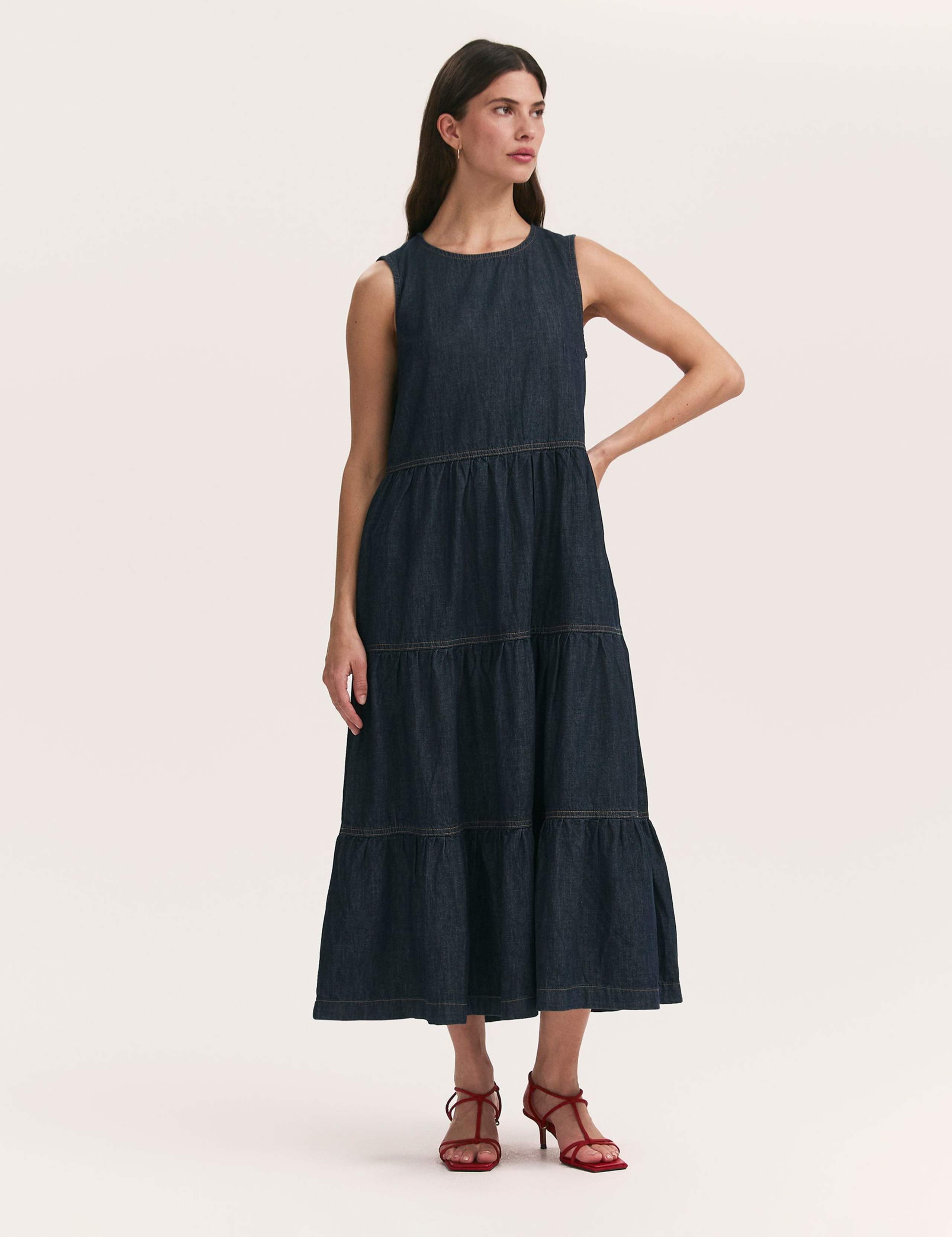 Pure Cotton Denim Midi Tiered Dress
