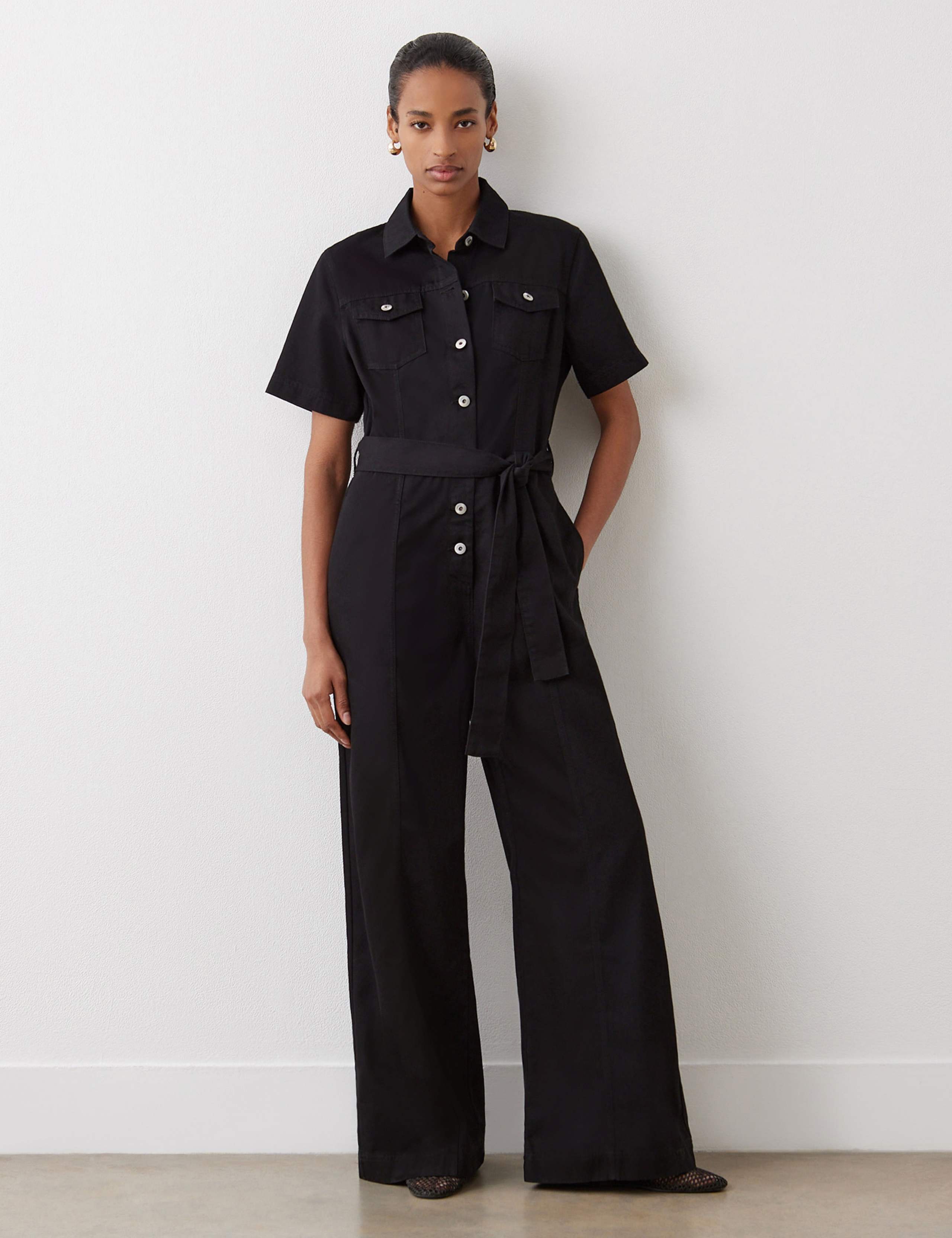 Denim Belted Short Sleeve Jumpsuit