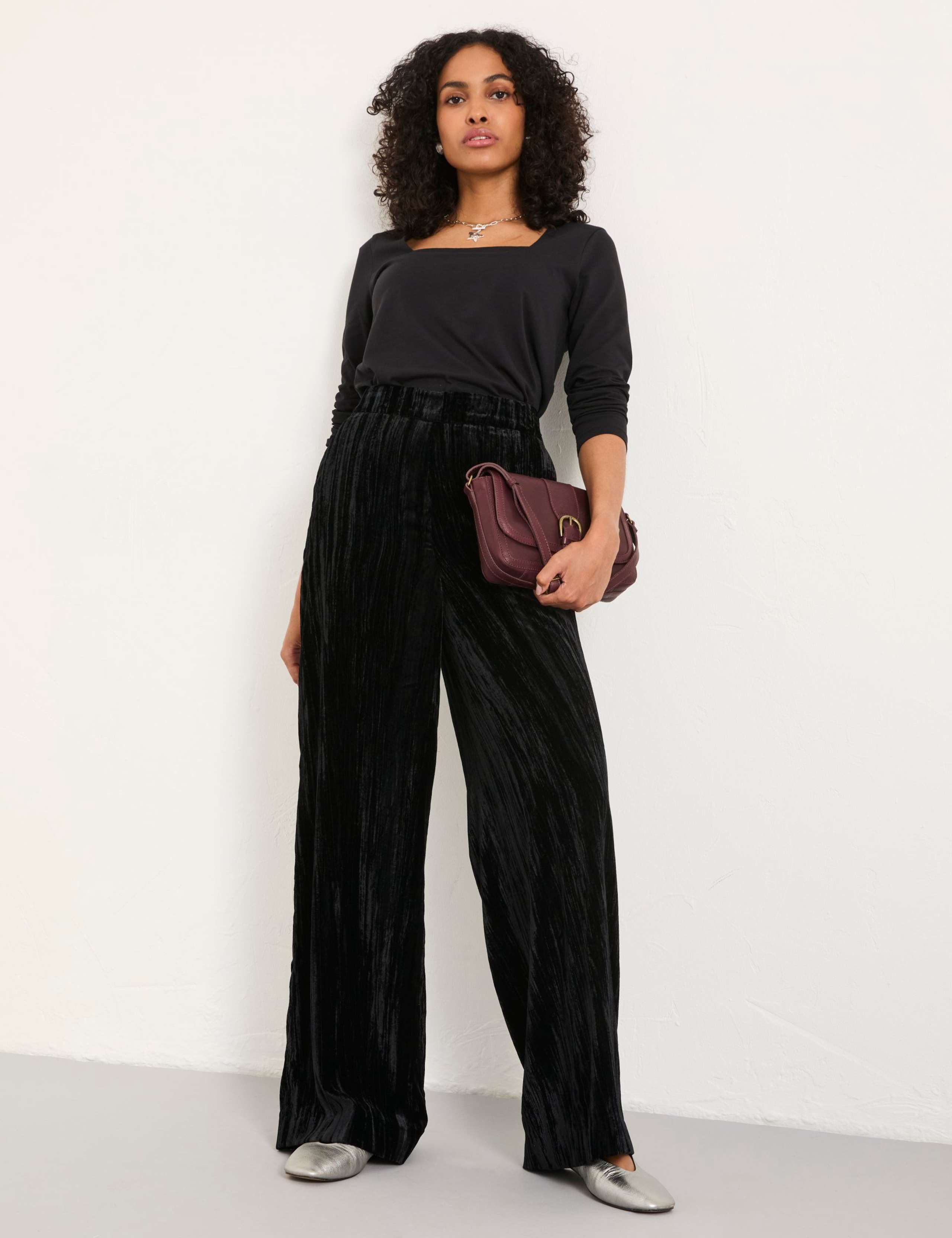 Velvet Textured Wide Leg Trousers