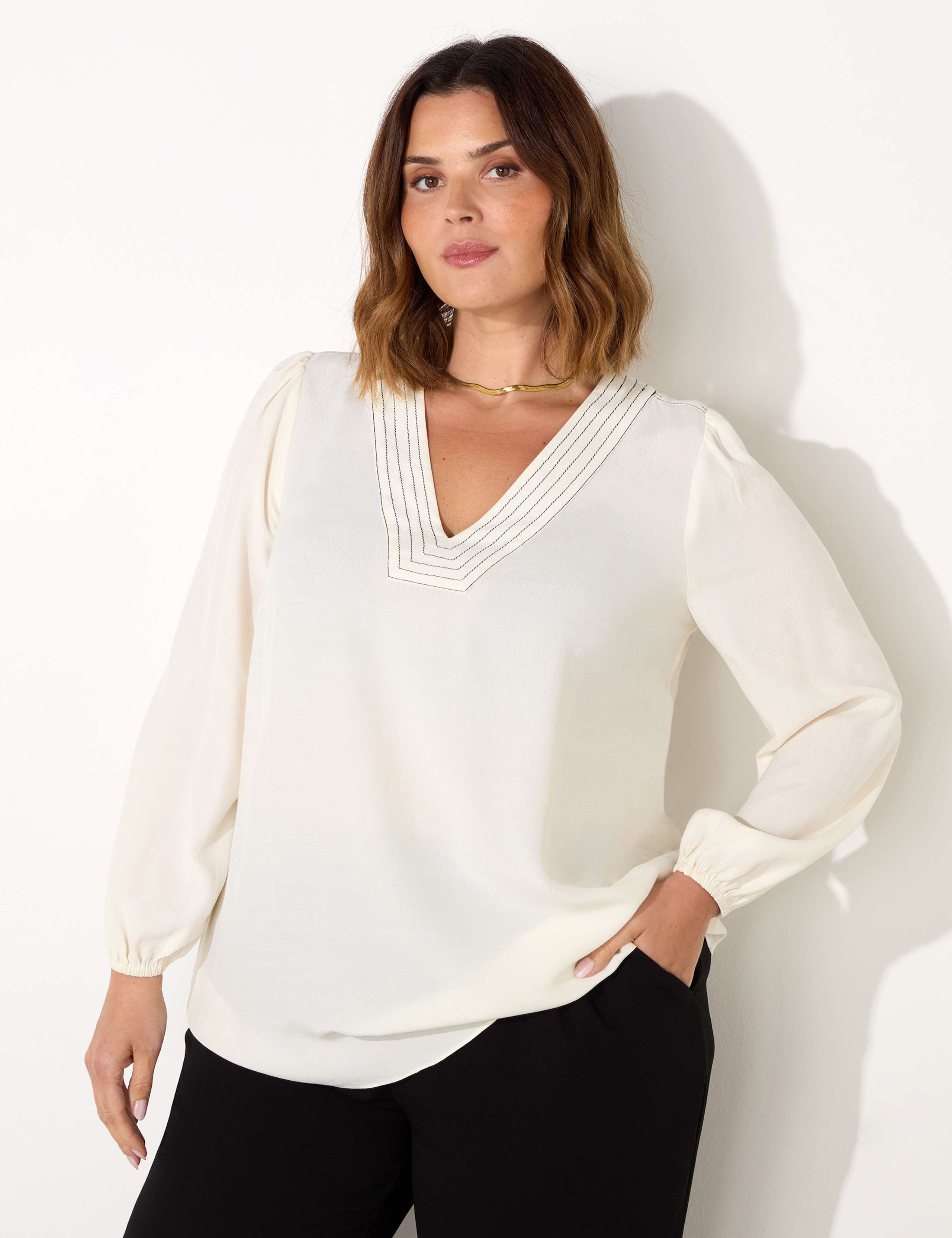V-Neck Stitch Detail Blouse