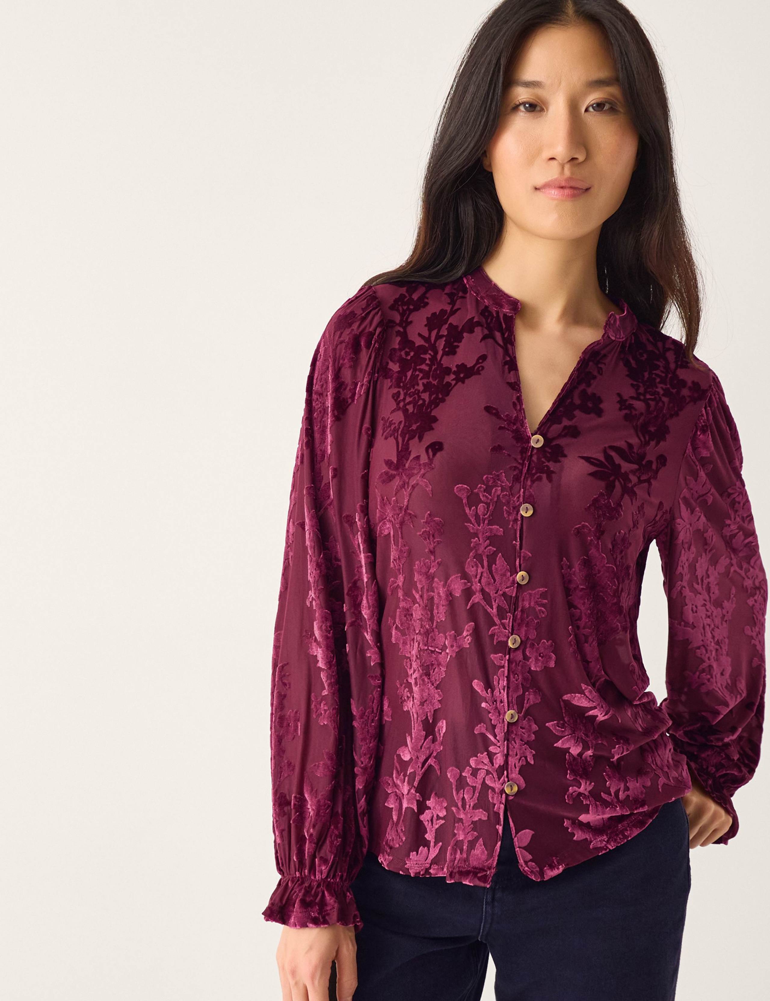 Velvet Floral V-Neck Blouse