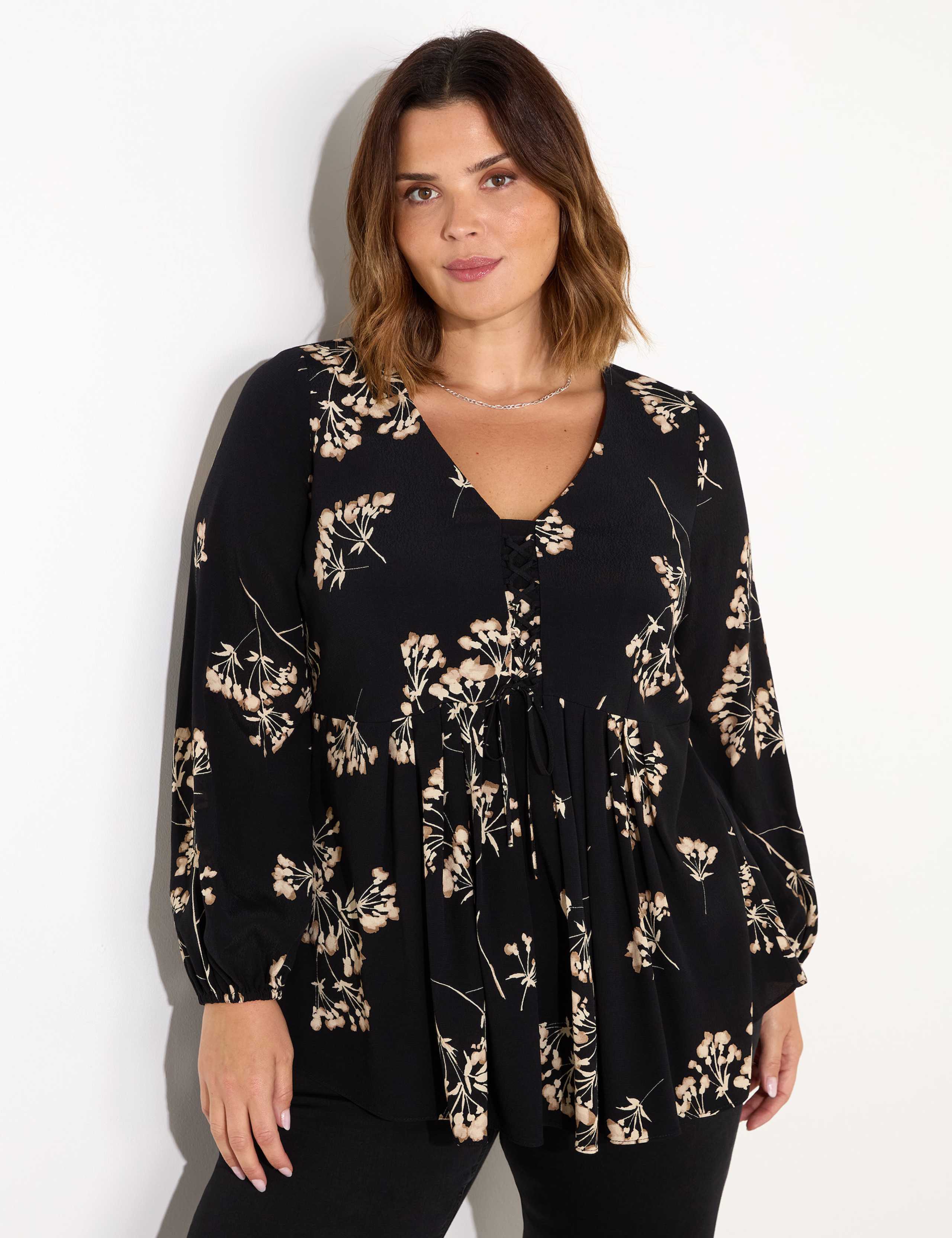 Floral Pleat Detail Tie Front Blouse