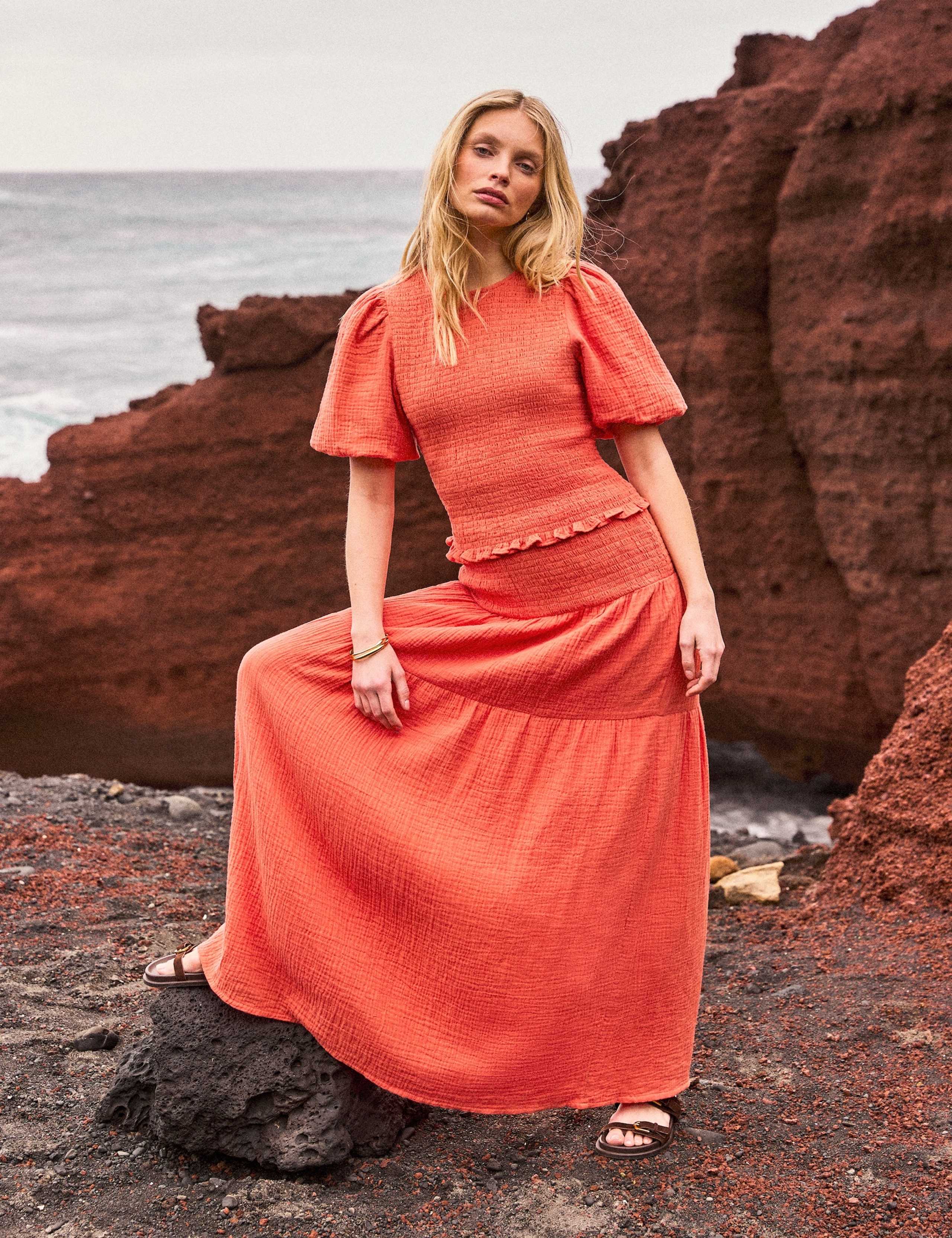 Textured Shirred Maxi Tiered Skirt