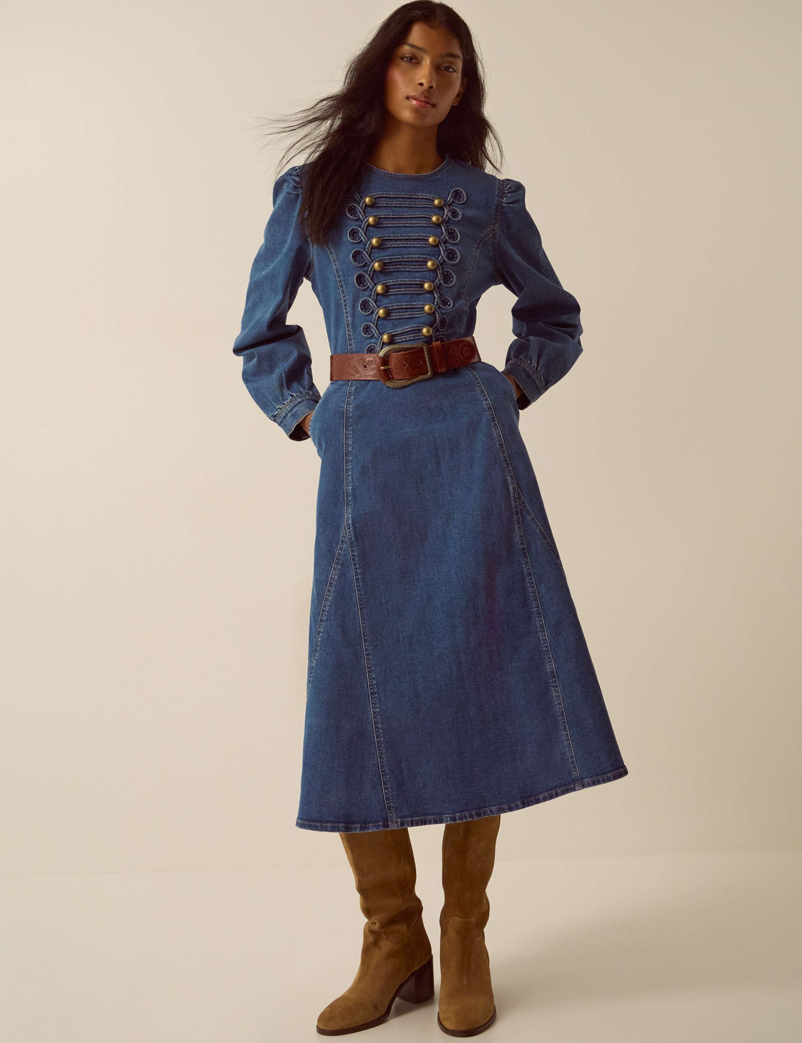 Denim Round Neck Midi Dress