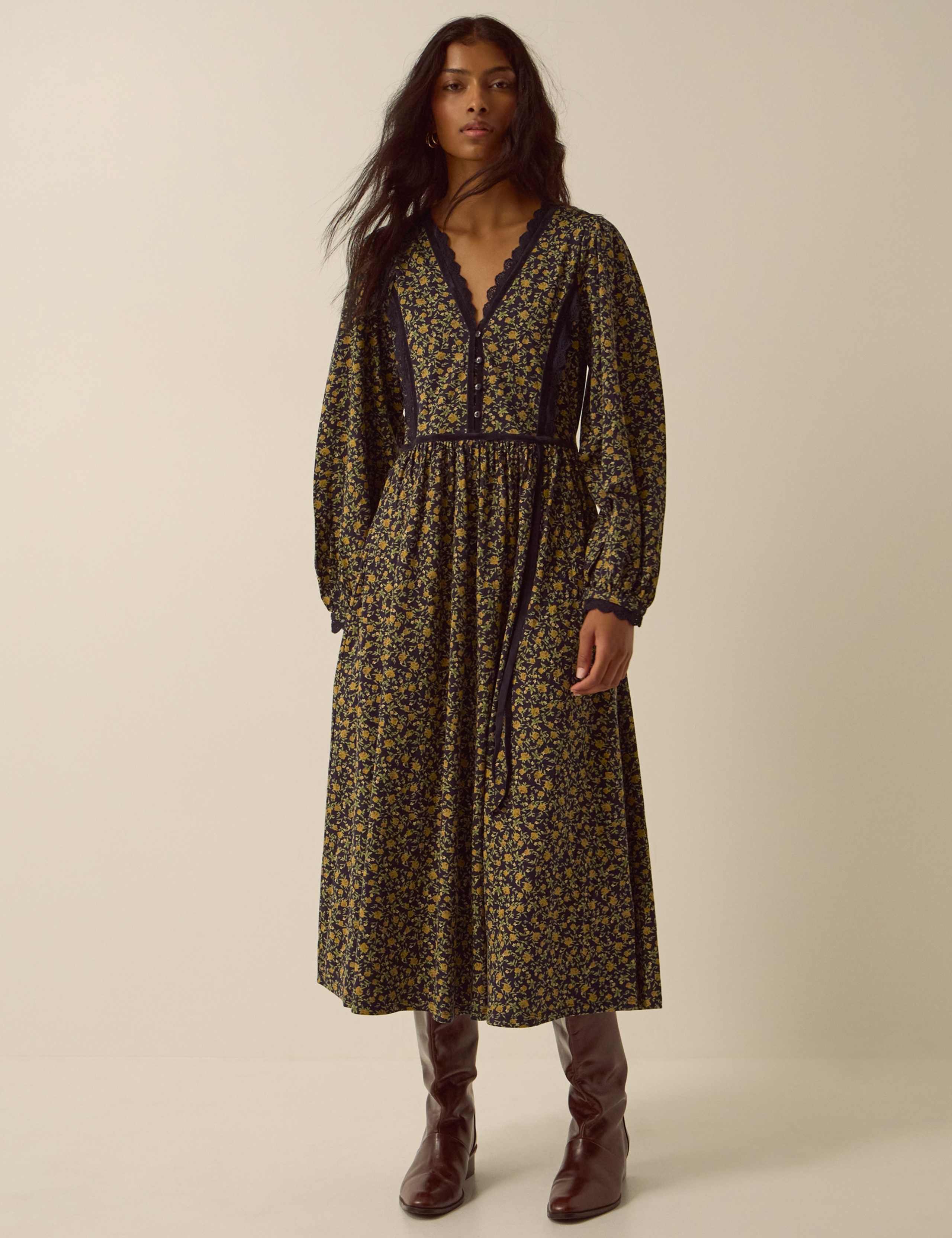 Pure Cotton Printed V Neck Midi Smock Dress