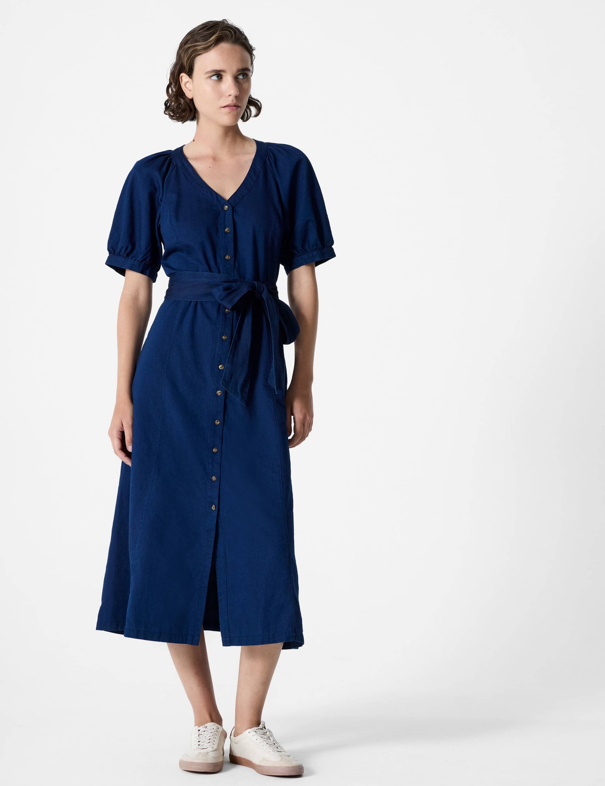 Pure Cotton V-Neck Midi Waisted Dress