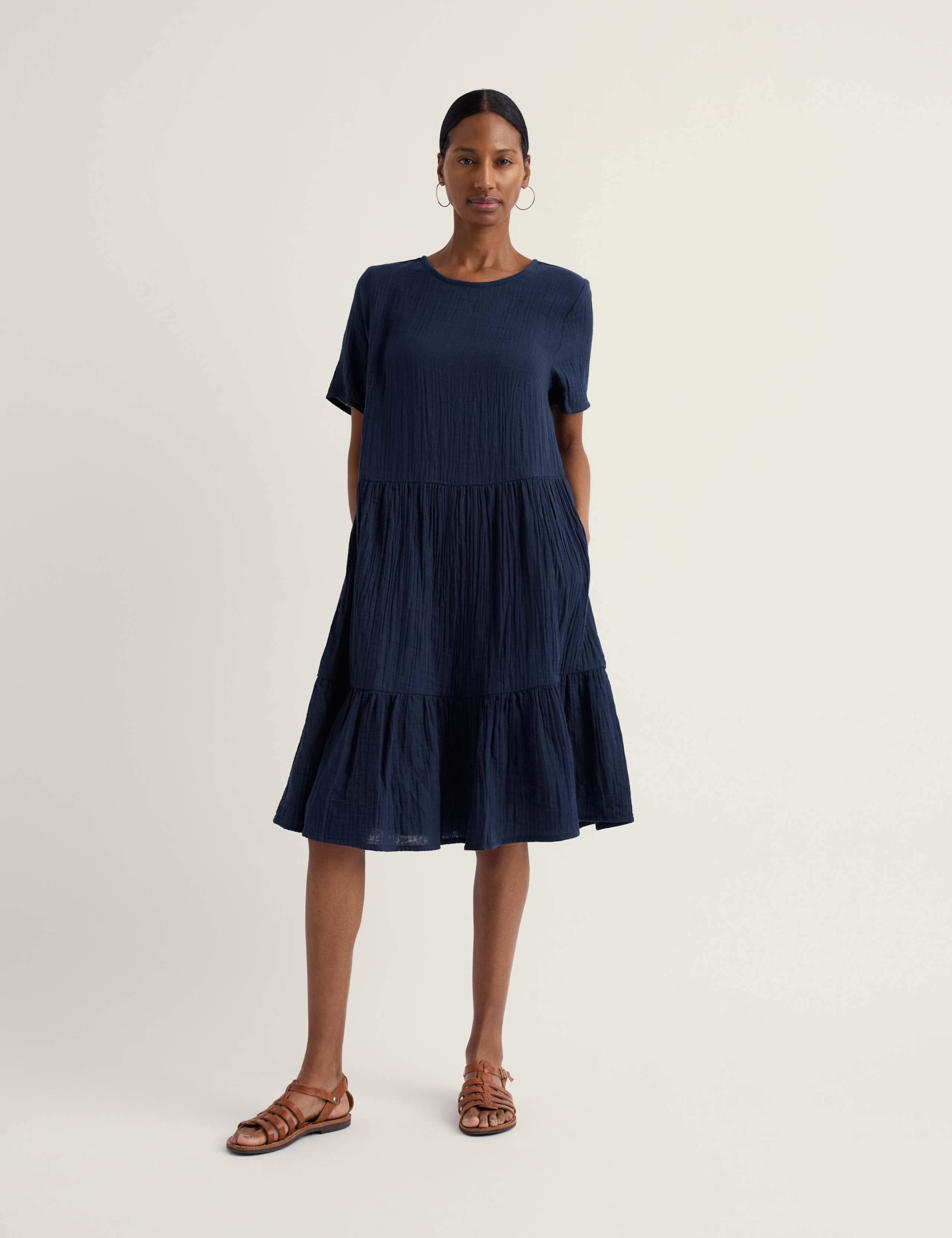 Pure Cotton Knee Length Relaxed Tiered Dress