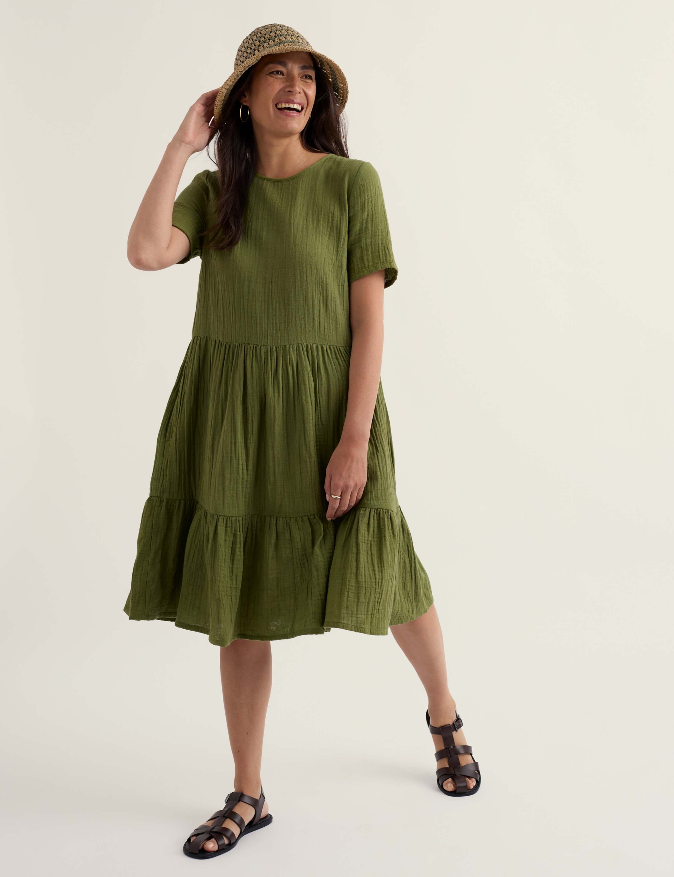 Pure Cotton Knee Length Relaxed Tiered Dress
